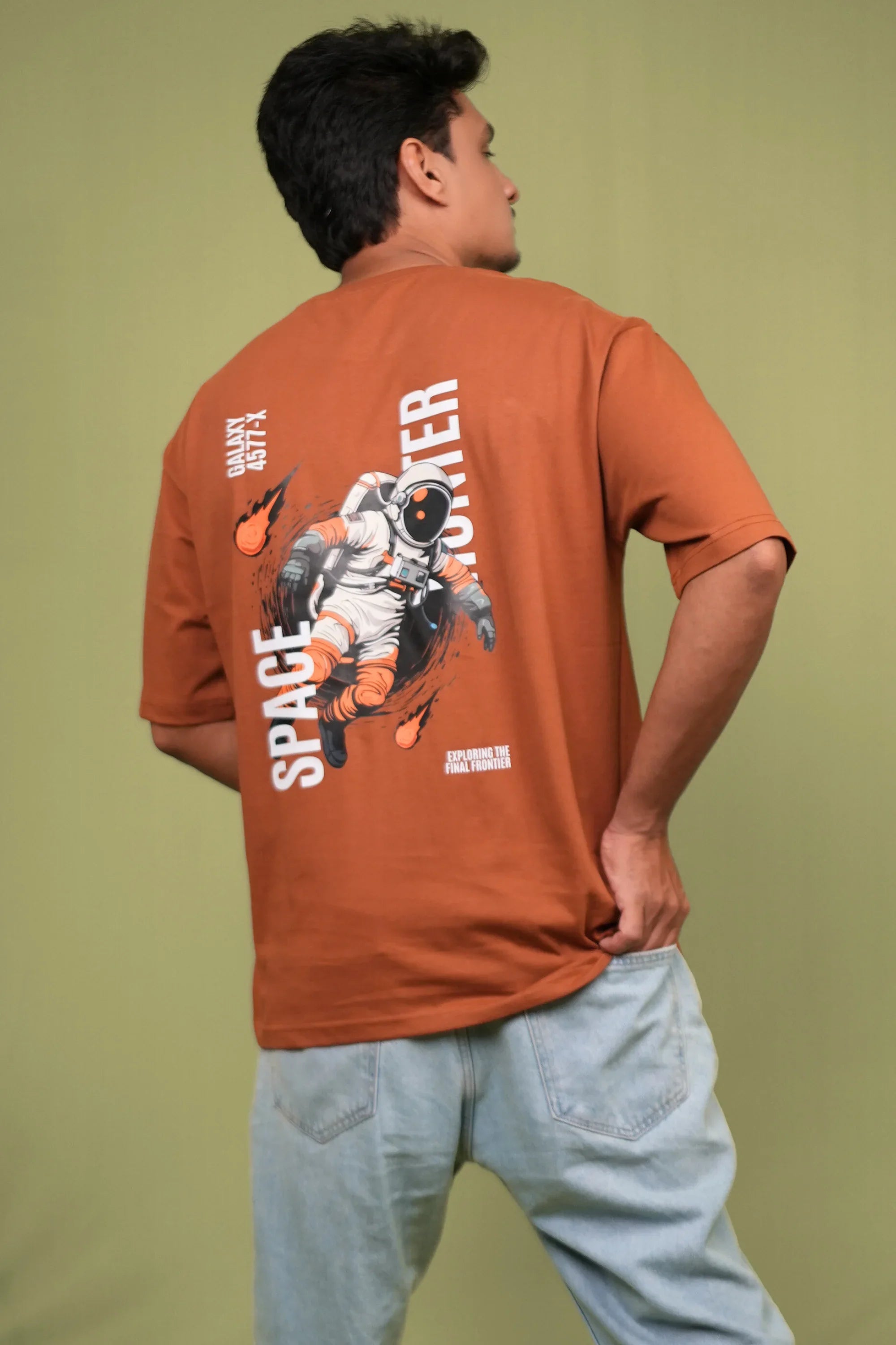 Space Rustline orange tee with cosmic back print – Cooleo India