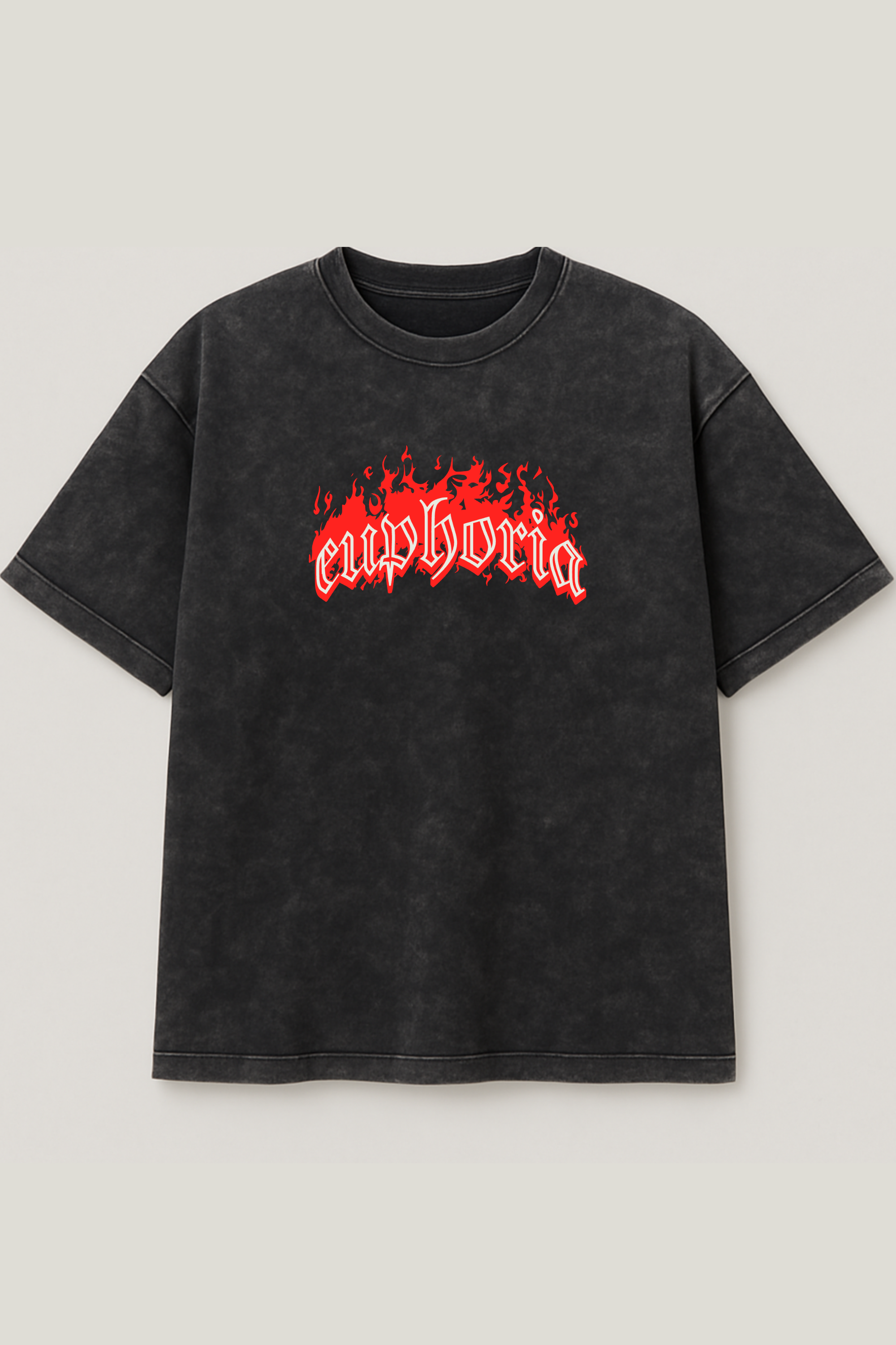 Black acid wash oversized tee with red flame Euphoria text print – Cooleo