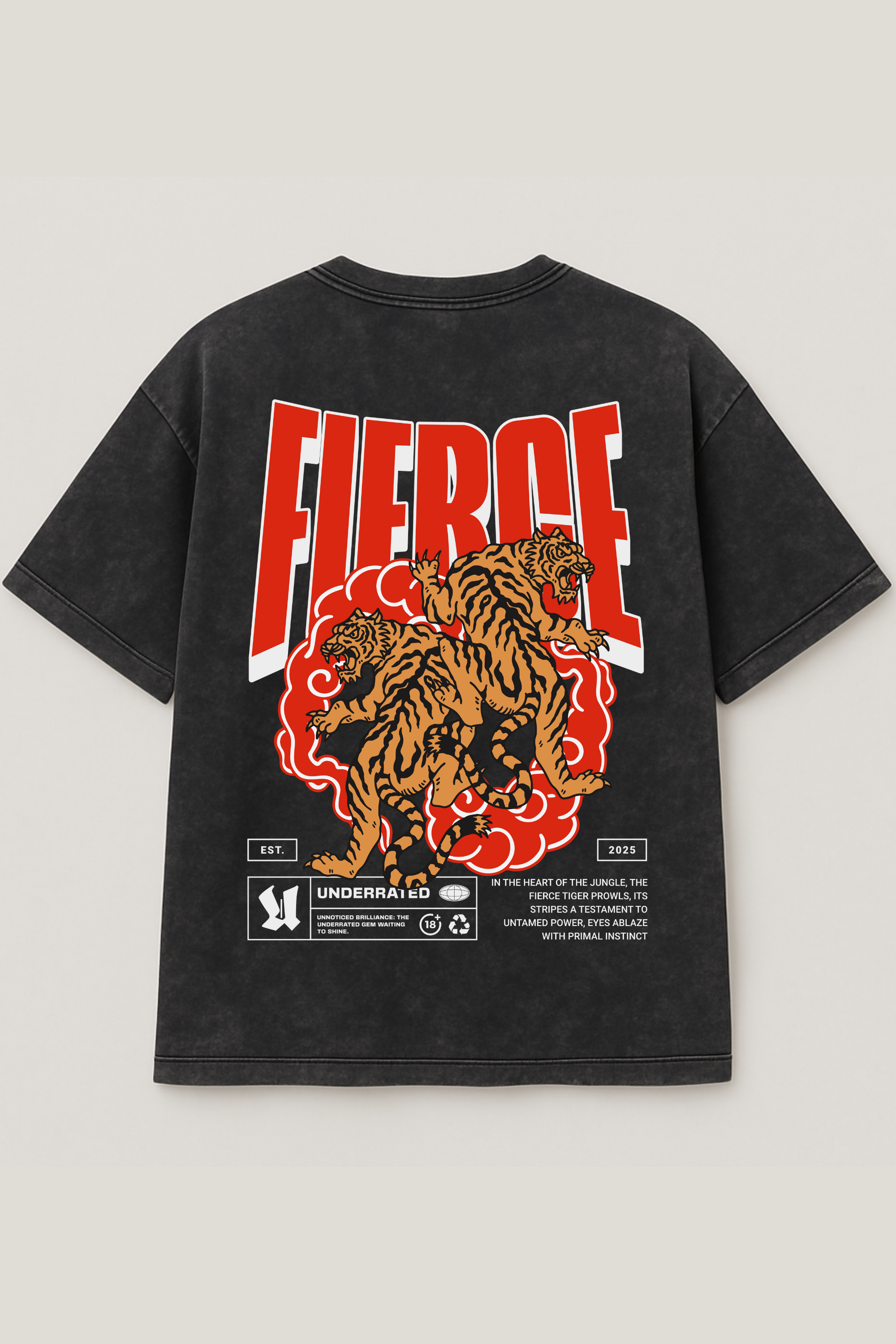 Black acid wash oversized tee with bold FIERCE tiger graphic – Cooleo