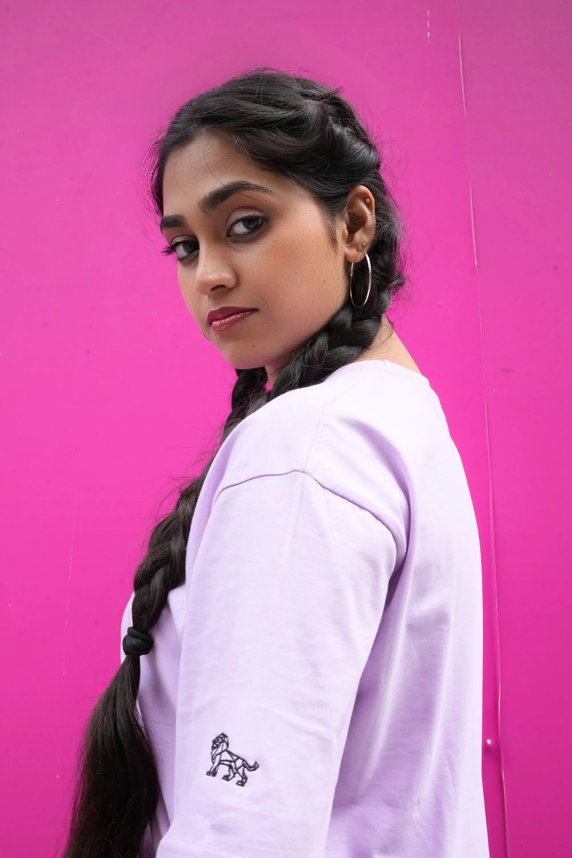 Side view of Rebel Mauve Shadow lavender oversized streetwear tee – Cooleo