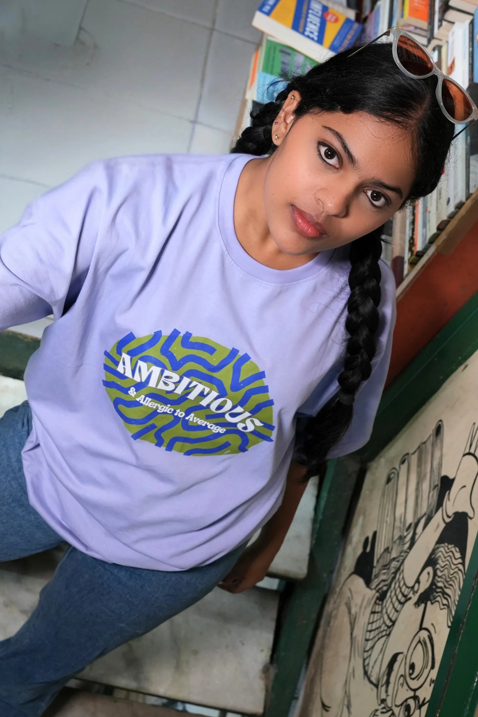Model wearing Ambitious Moonviolet oversized tee by Cooleo India