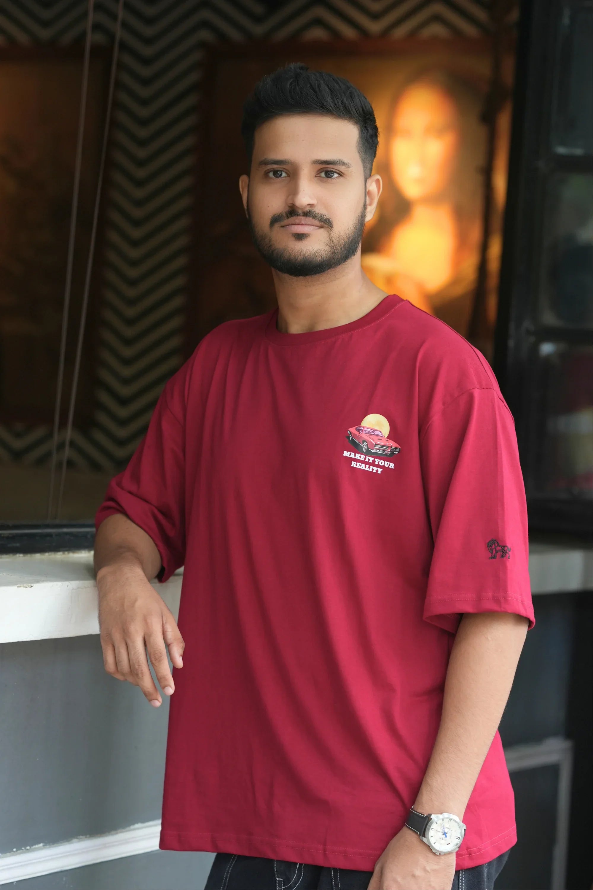 Mustang Crimson Dept red oversized t-shirt front view – Cooleo India