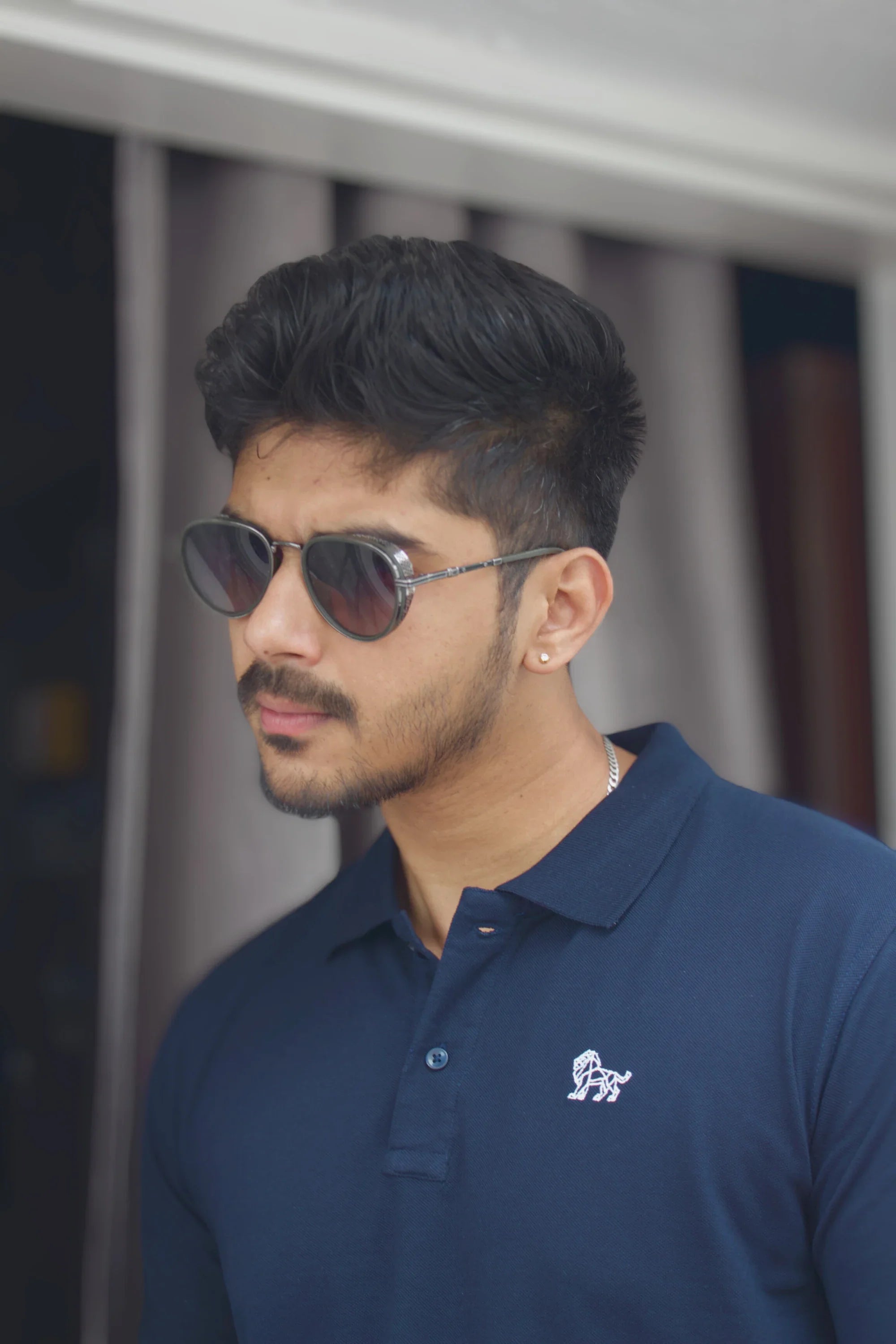 Close-up of cotton fabric on Oxford Blue polo tee – Cooleo India