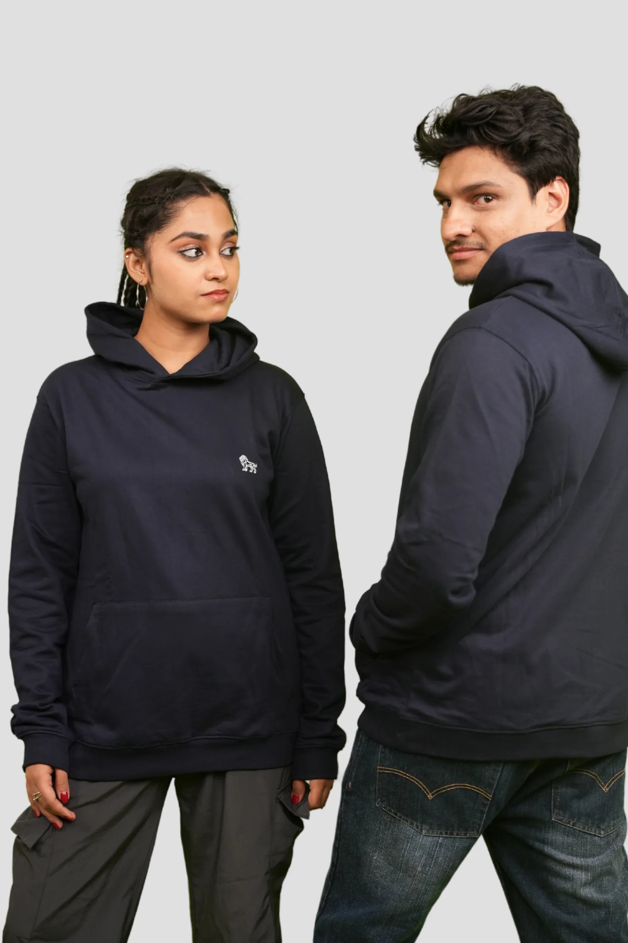 Model wearing Navy Depth oversized navy hoodie – Cooleo India