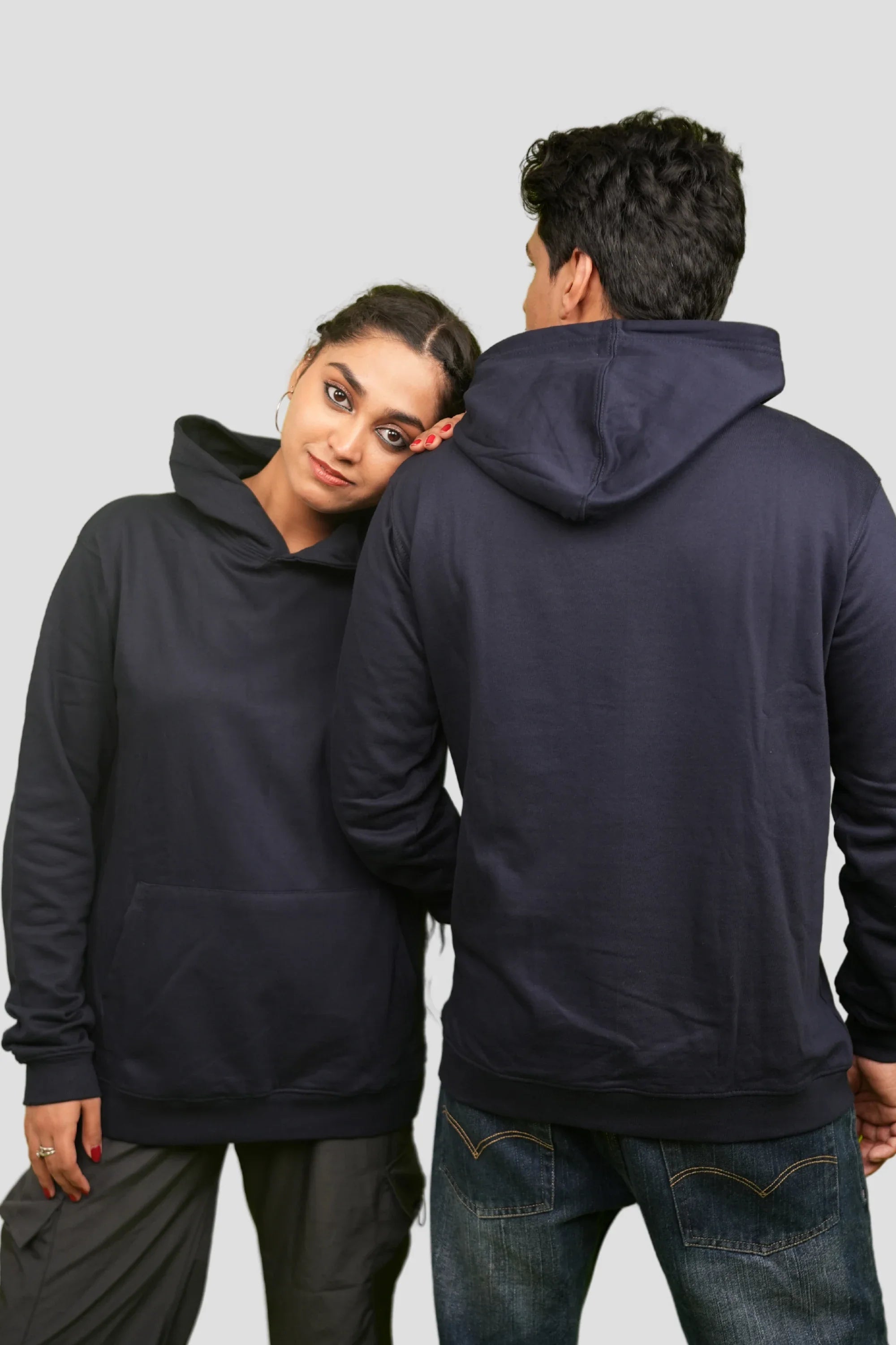 Model wearing Navy Depth oversized navy hoodie – Cooleo India