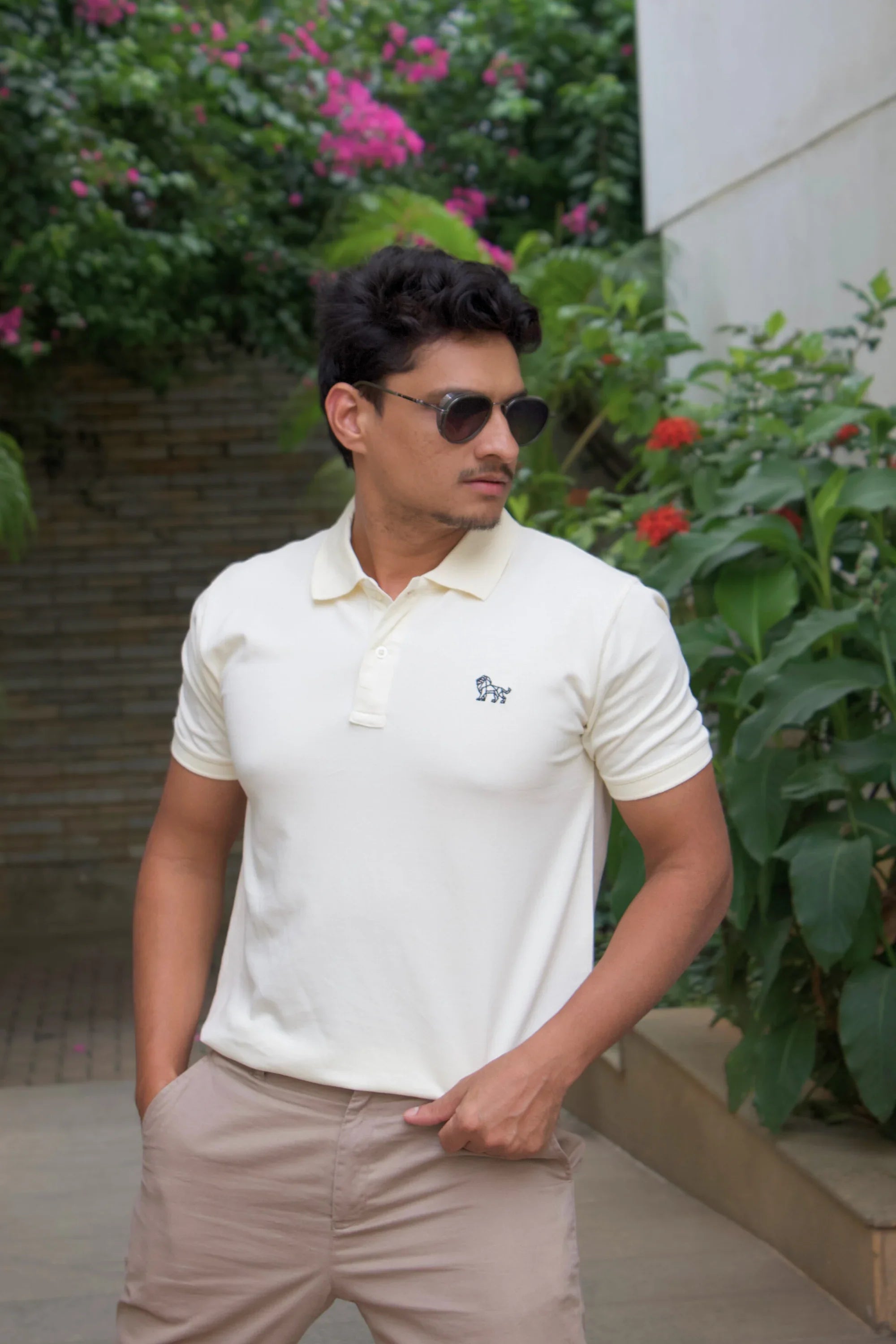 Side view of Ivory Horizon white oversized polo tee – Cooleo
