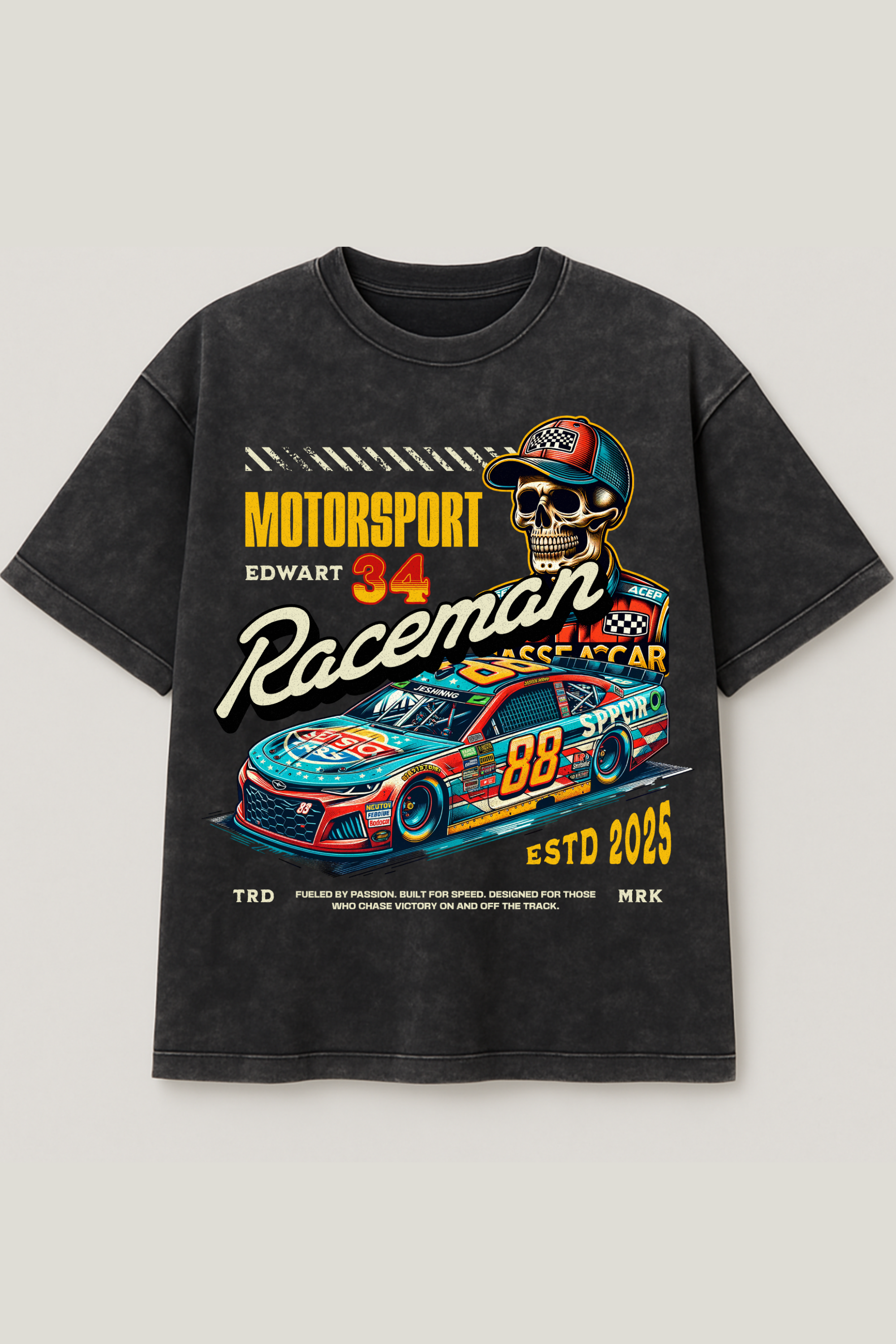 Black acid wash oversized tee with retro racing car and skull graphic – Cooleo