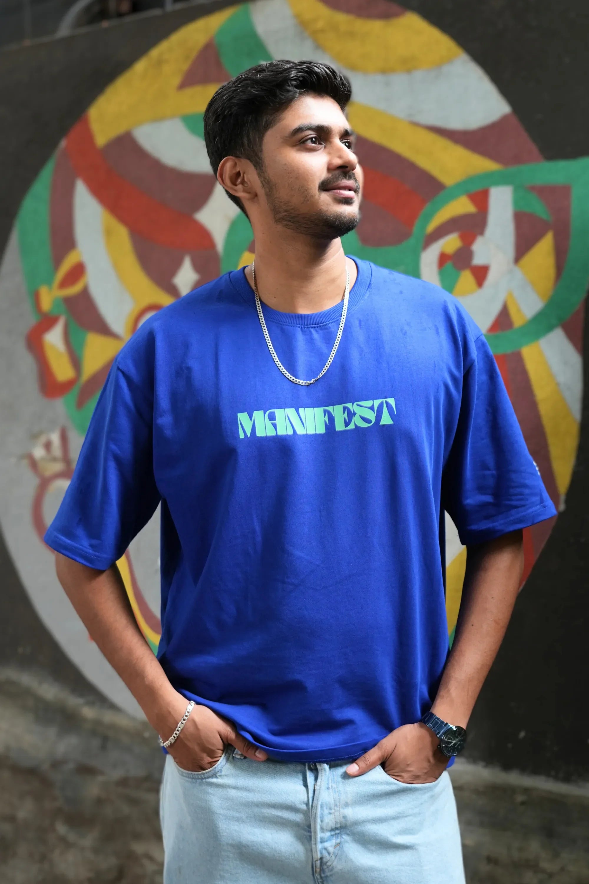 Manifest Royal Drift blue oversized t-shirt front view – Cooleo India