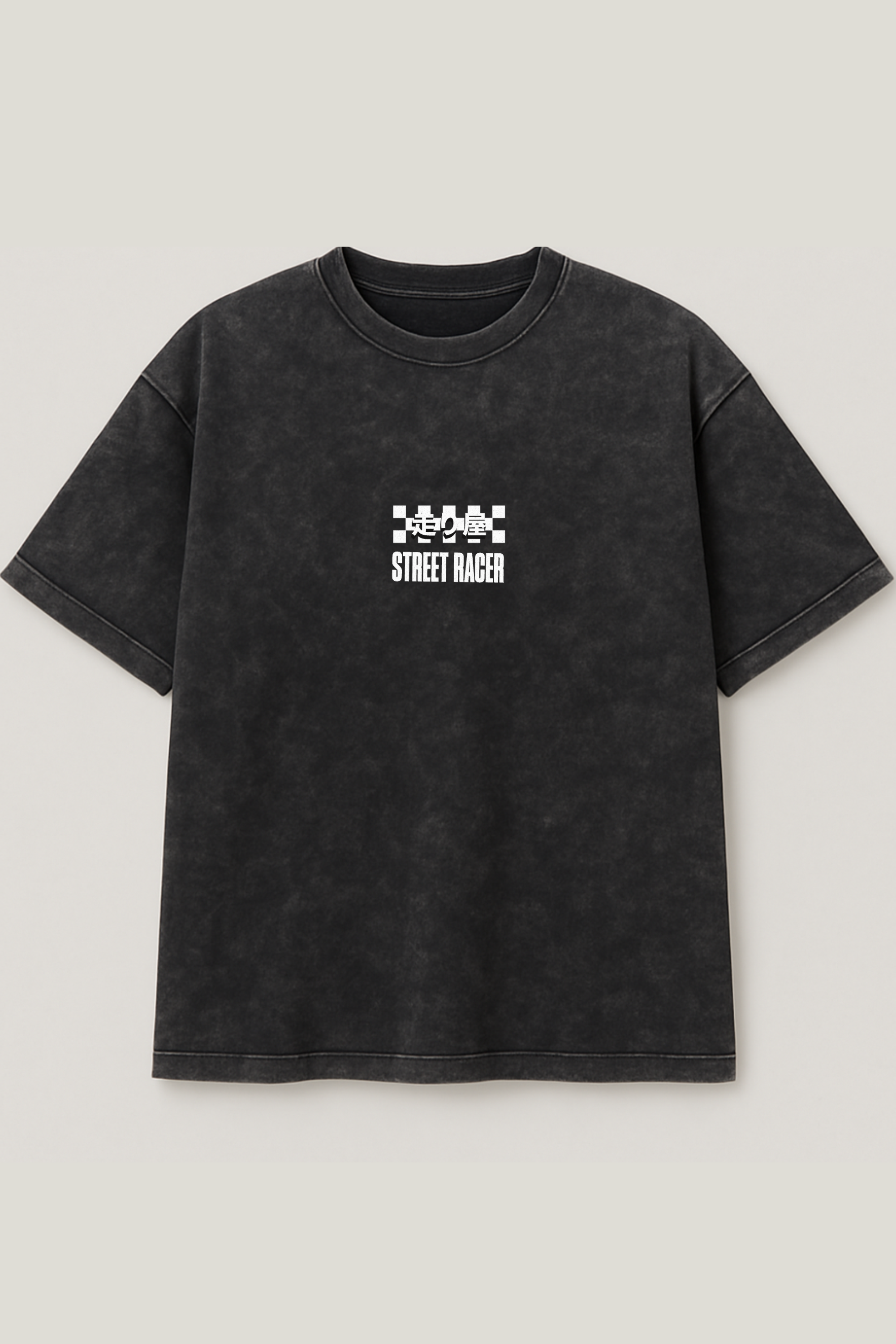 Black acid wash oversized tee with Street Racer chest print – Cooleo