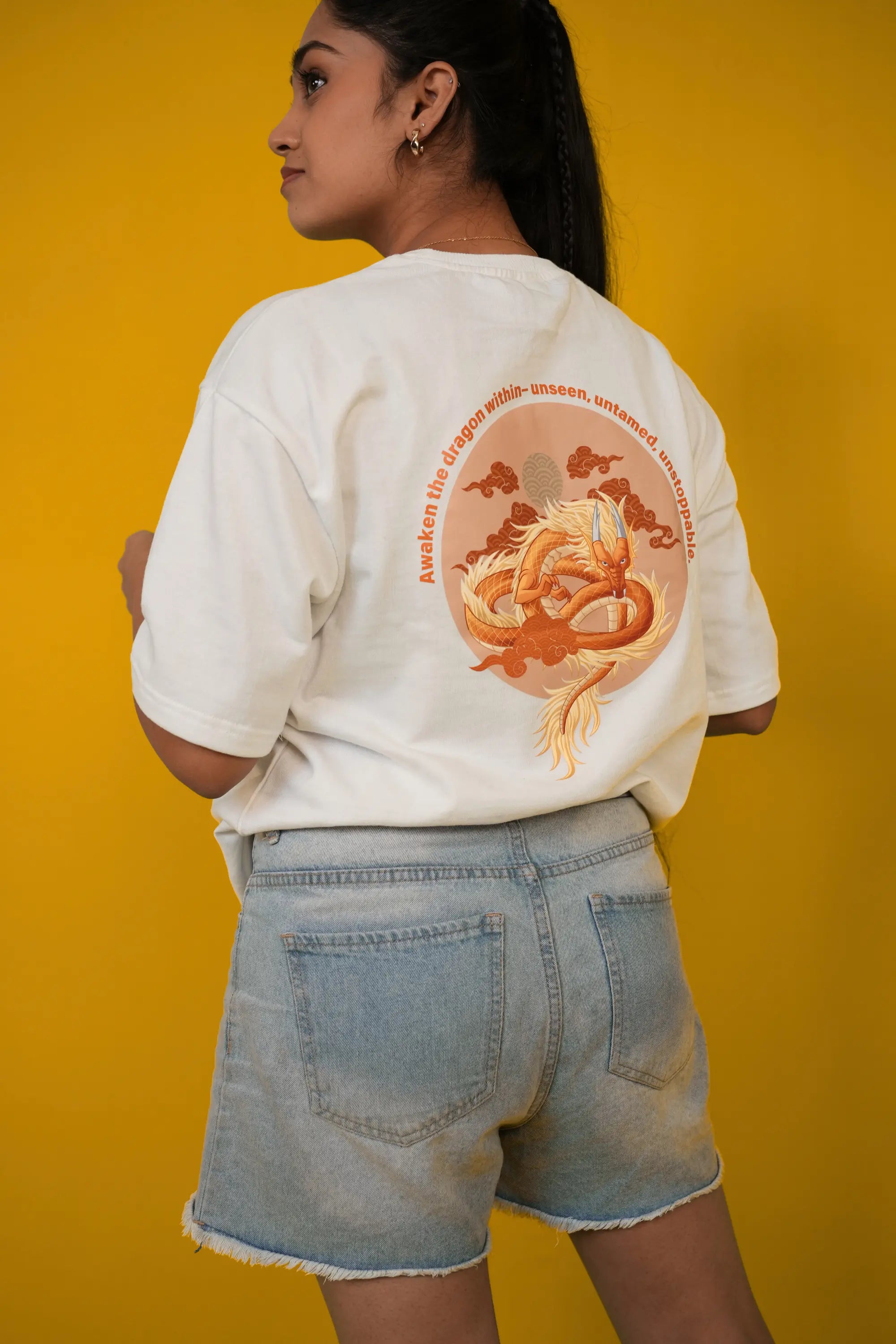 Snowbound Dragon off‑white oversized t-shirt back view – Cooleo India