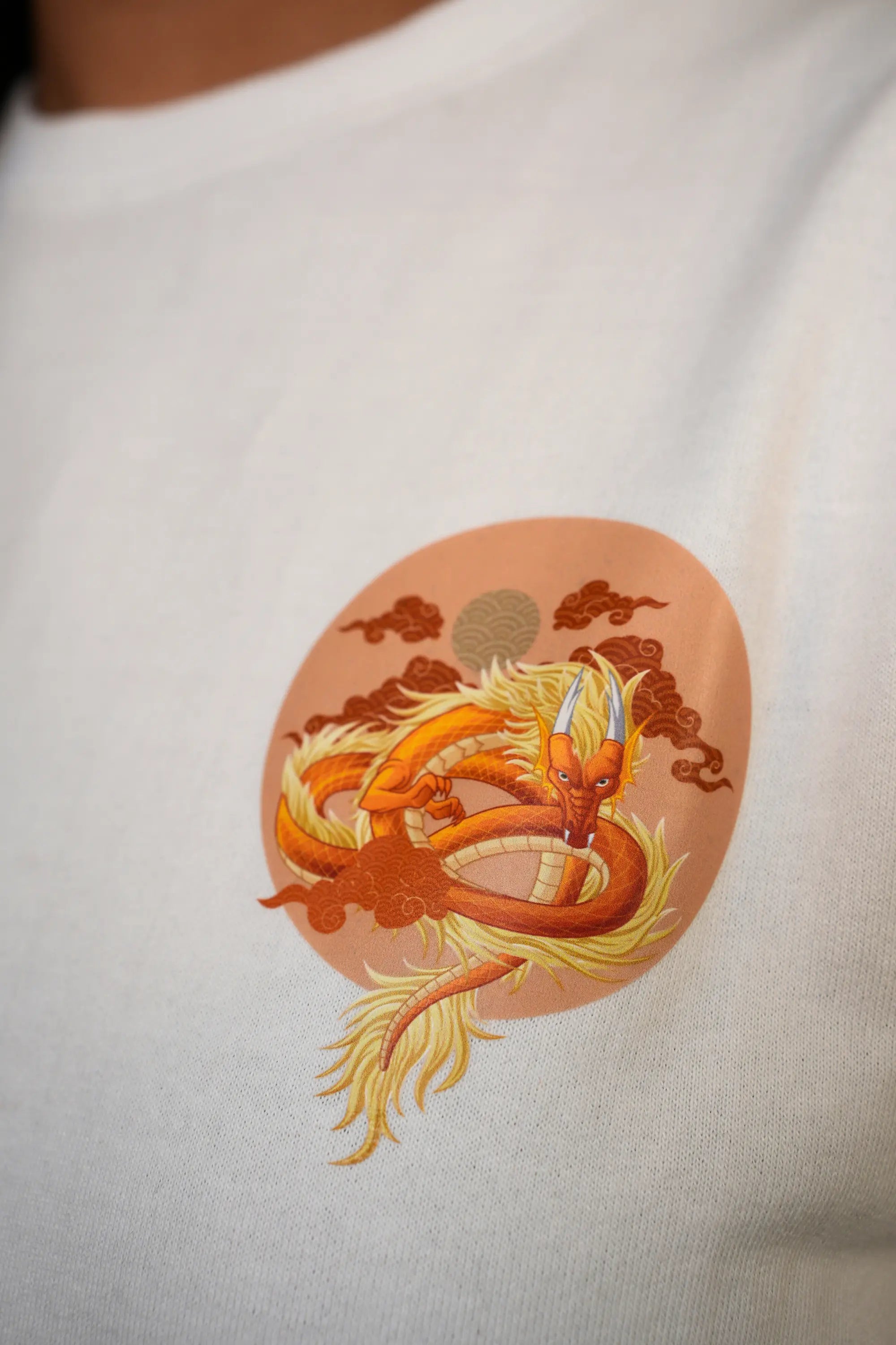 Close-up of dragon print on Snowbound Dragon tee – Cooleo India
