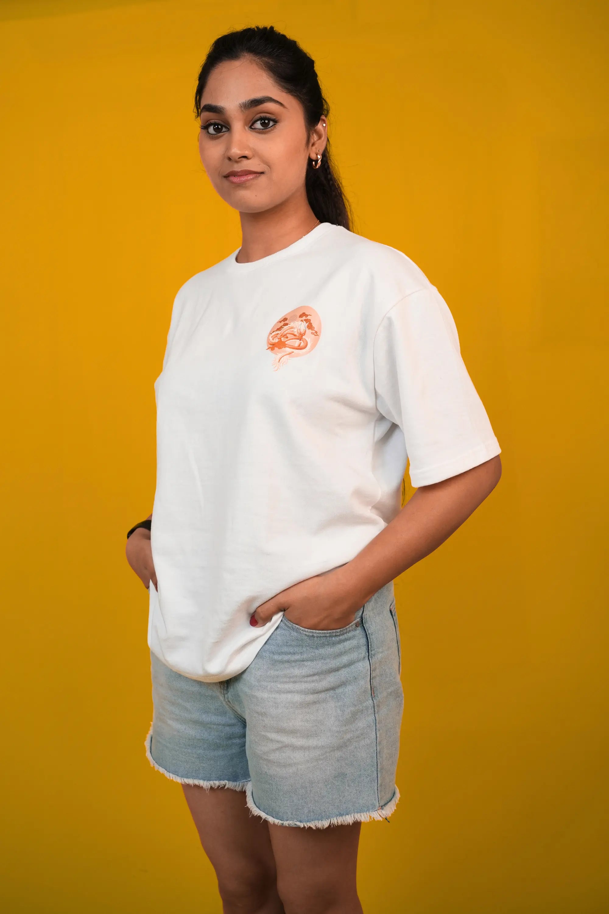 Snowbound Dragon off‑white oversized t-shirt front view – Cooleo India