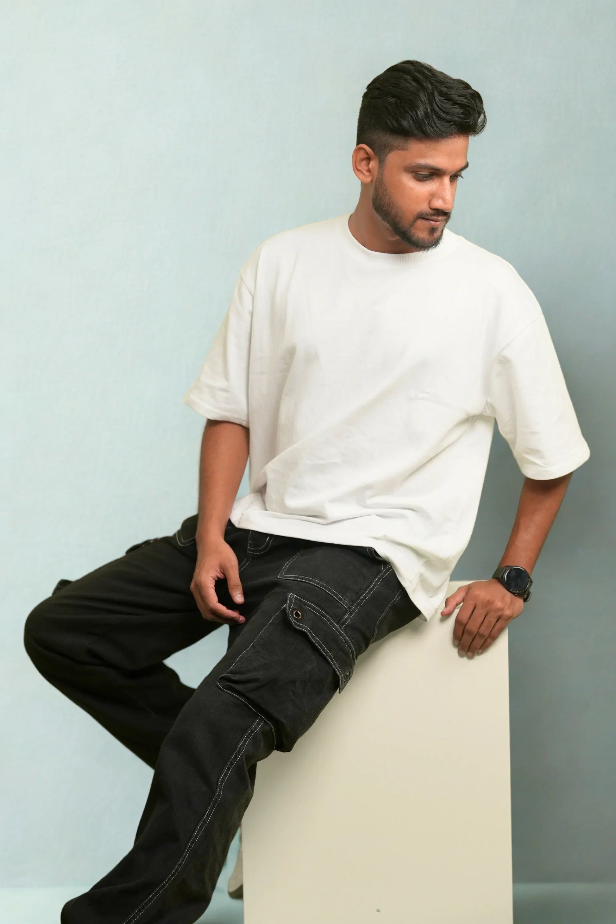 Snowbound Crew luxury white oversized tee front view – Cooleo India
