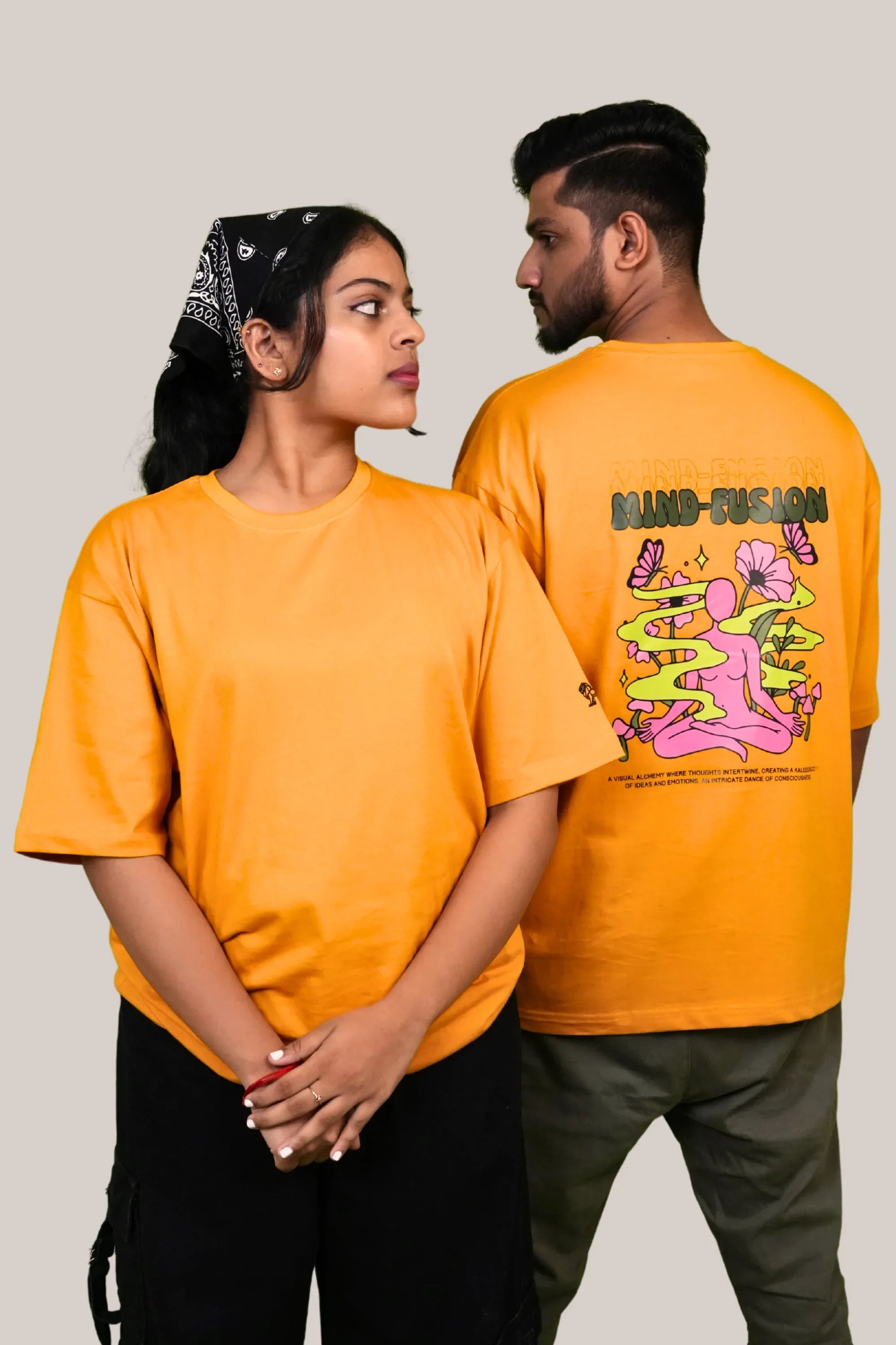 Model wearing Mind Fusion Golden Hour yellow graphic oversized tee – Cooleo India