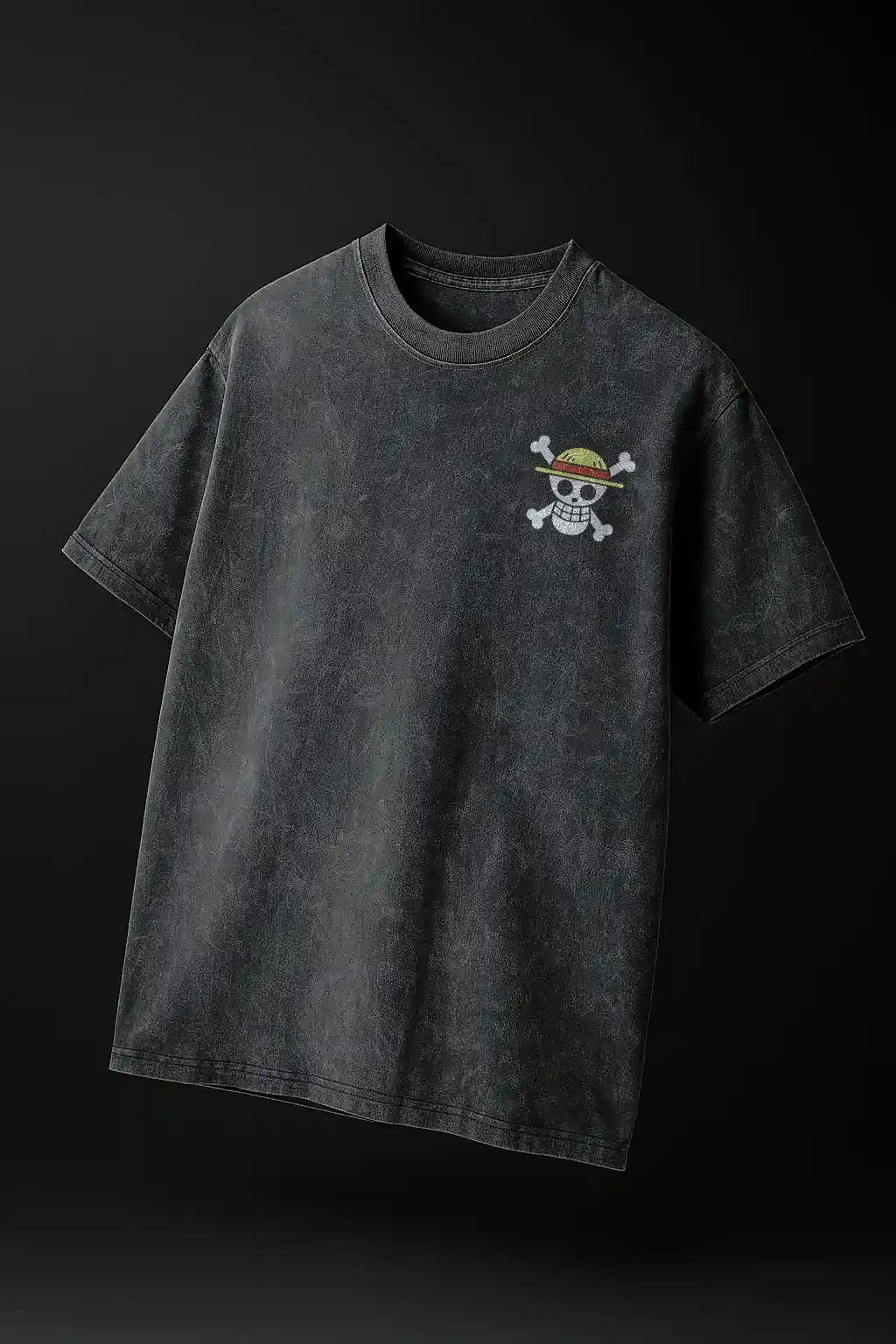 Black acid wash oversized tee with straw hat skull Onepiece anime front print – Cooleo