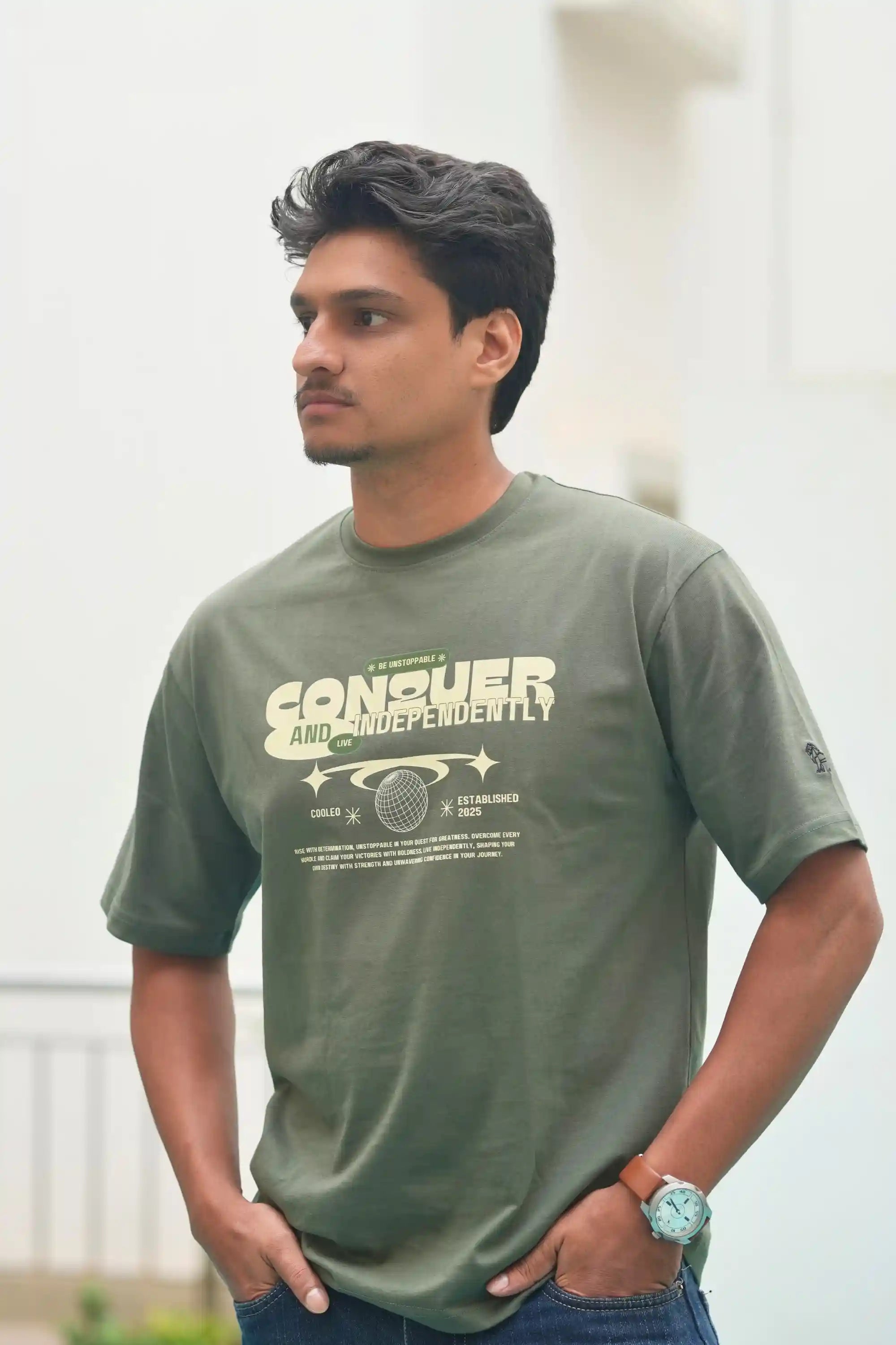 Conquer Olive Green Drift Crew Oversized Tee Front - Cooleo