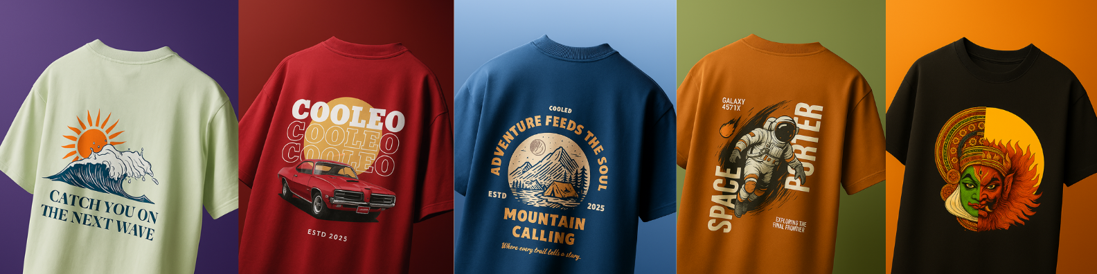 Collection of various t-shirts with different designs on a colorful background