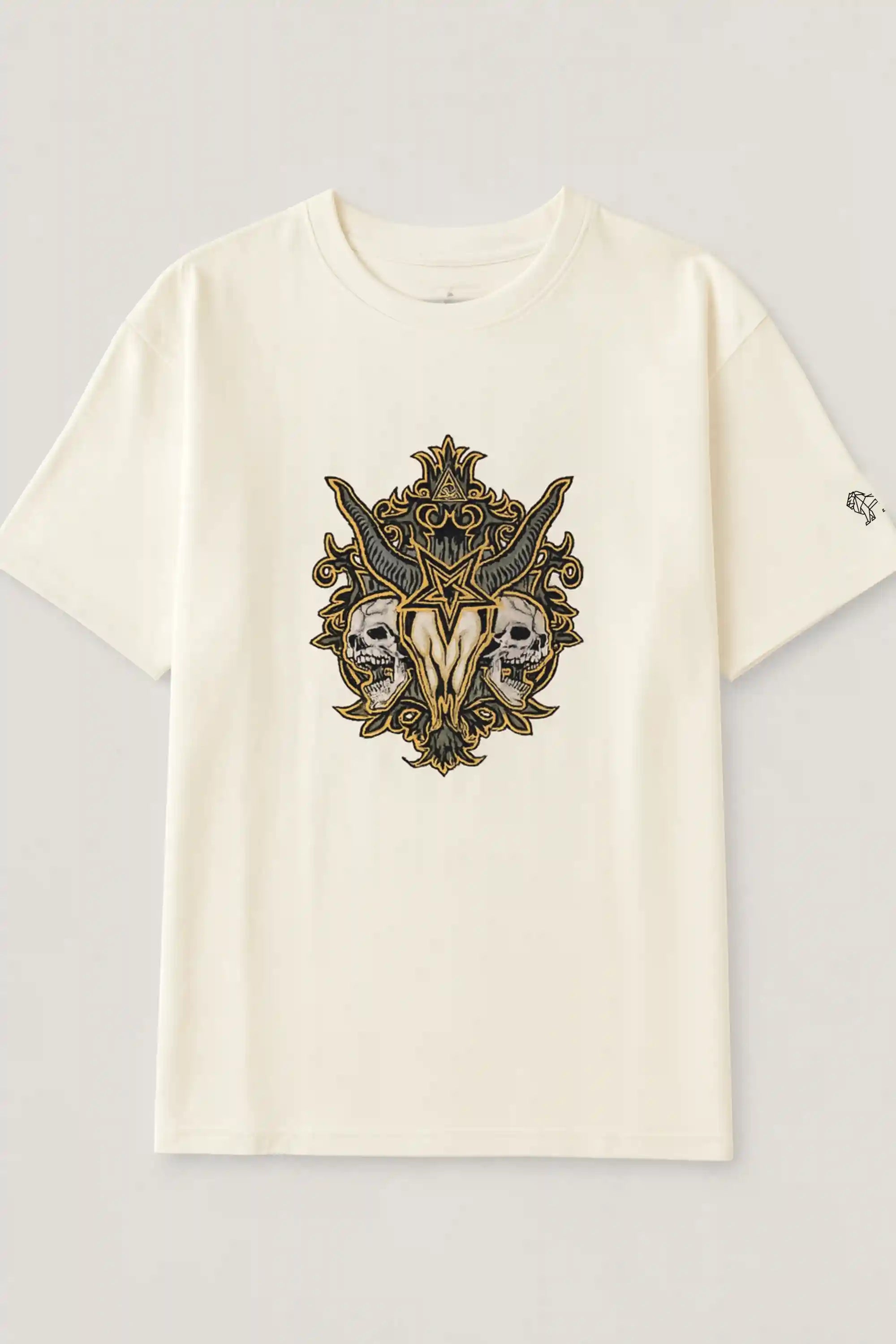 Ivory acid wash oversized tee with white gothic winged skull print Front – Cooleo