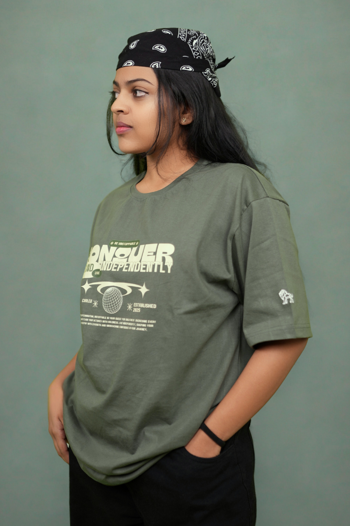 Conquer Olive Drift olive green oversized t-shirt front view – Cooleo India