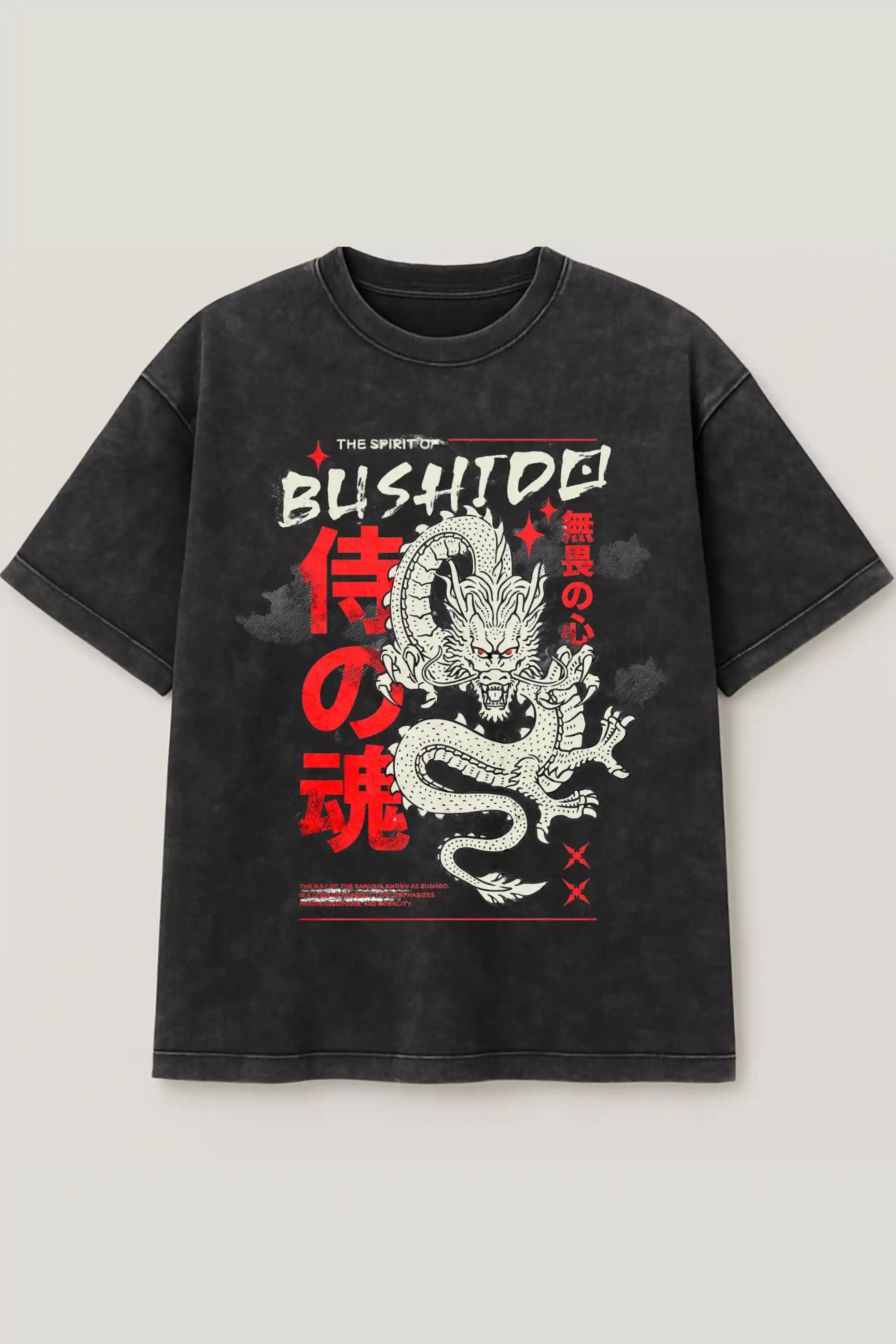 Black acid wash oversized tee with Japanese Bushido dragon print – Cooleo