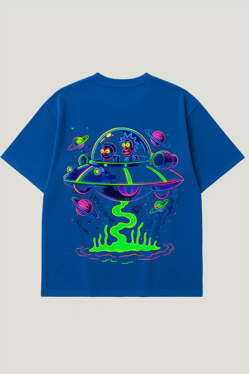 Royal blue oversized tee with neon UFO and planets print – Cooleo