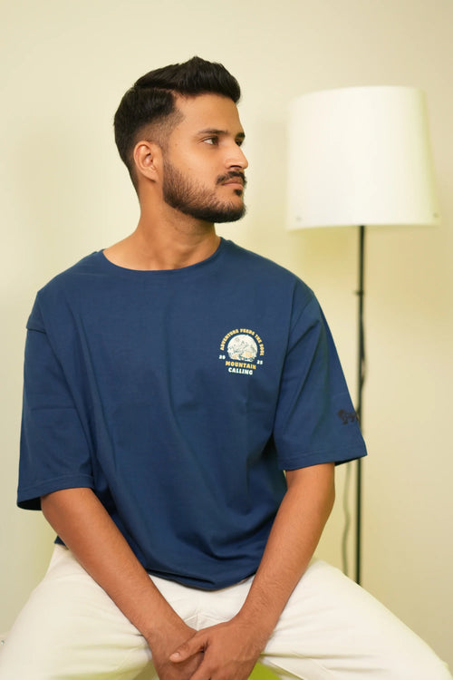 Adventure Stormblue blue oversized t-shirt front view – Cooleo India