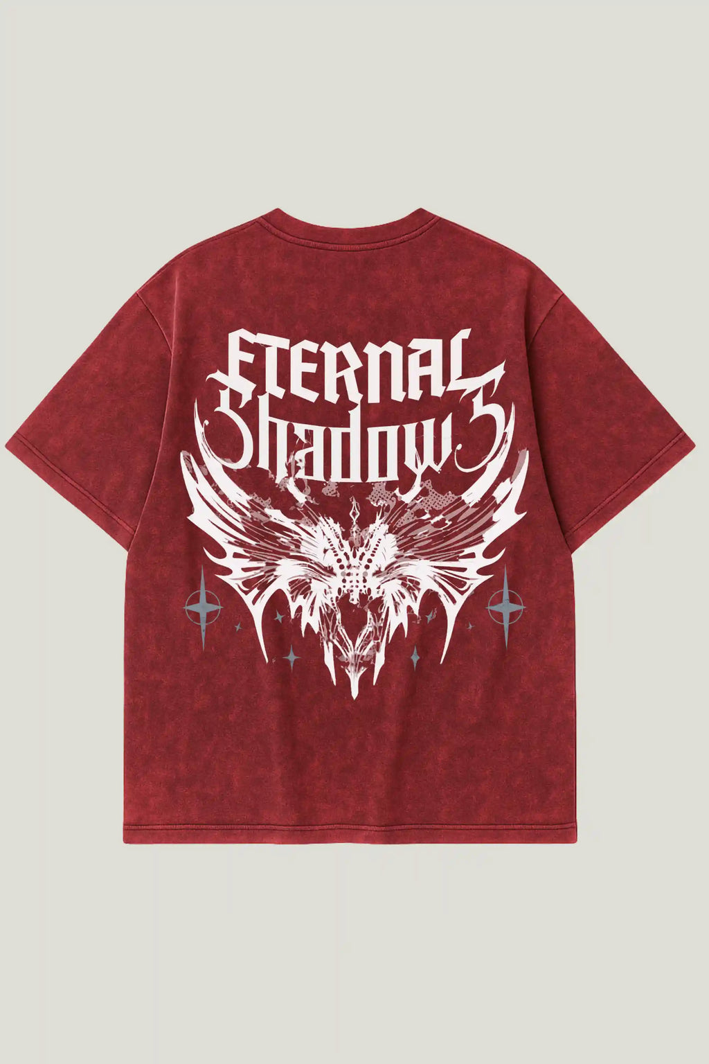 Red acid wash oversized tee with Eternal Shadows gothic text and skull design – Cooleo