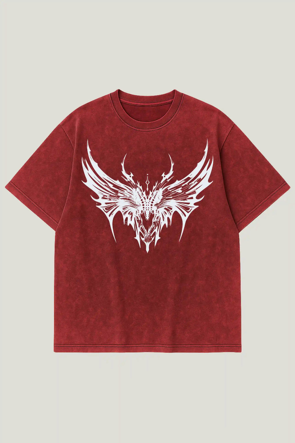 Red acid wash oversized tee with white gothic winged skull print – Cooleo