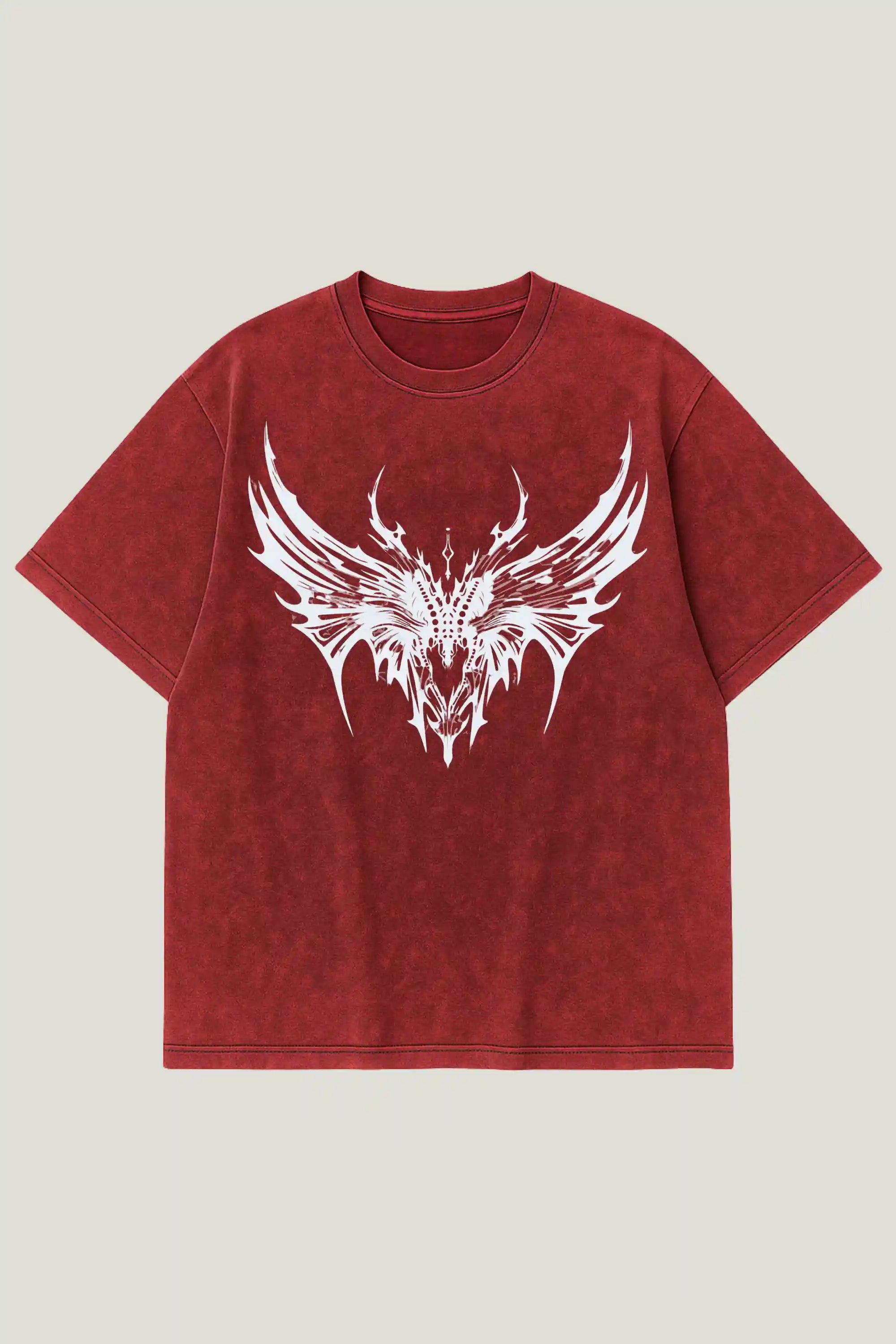 Red acid wash oversized tee with white gothic winged skull print – Cooleo