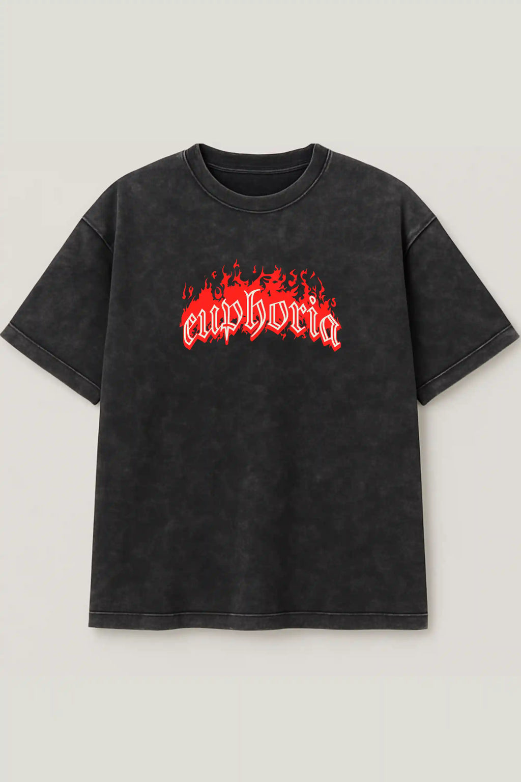 Black acid wash oversized tee with red flame Euphoria text print – Cooleo