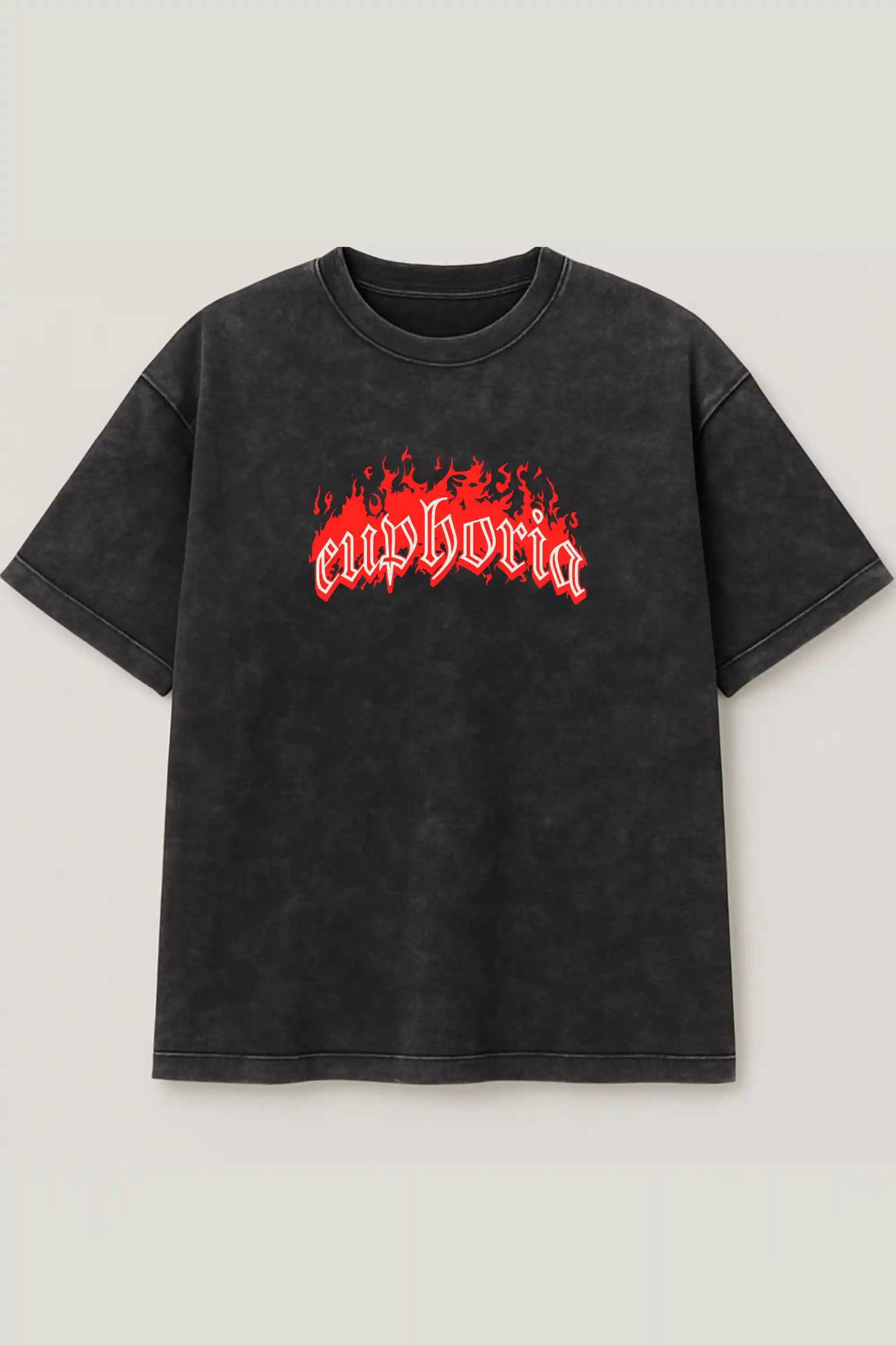 Black acid wash oversized tee with red flame Euphoria text print – Cooleo
