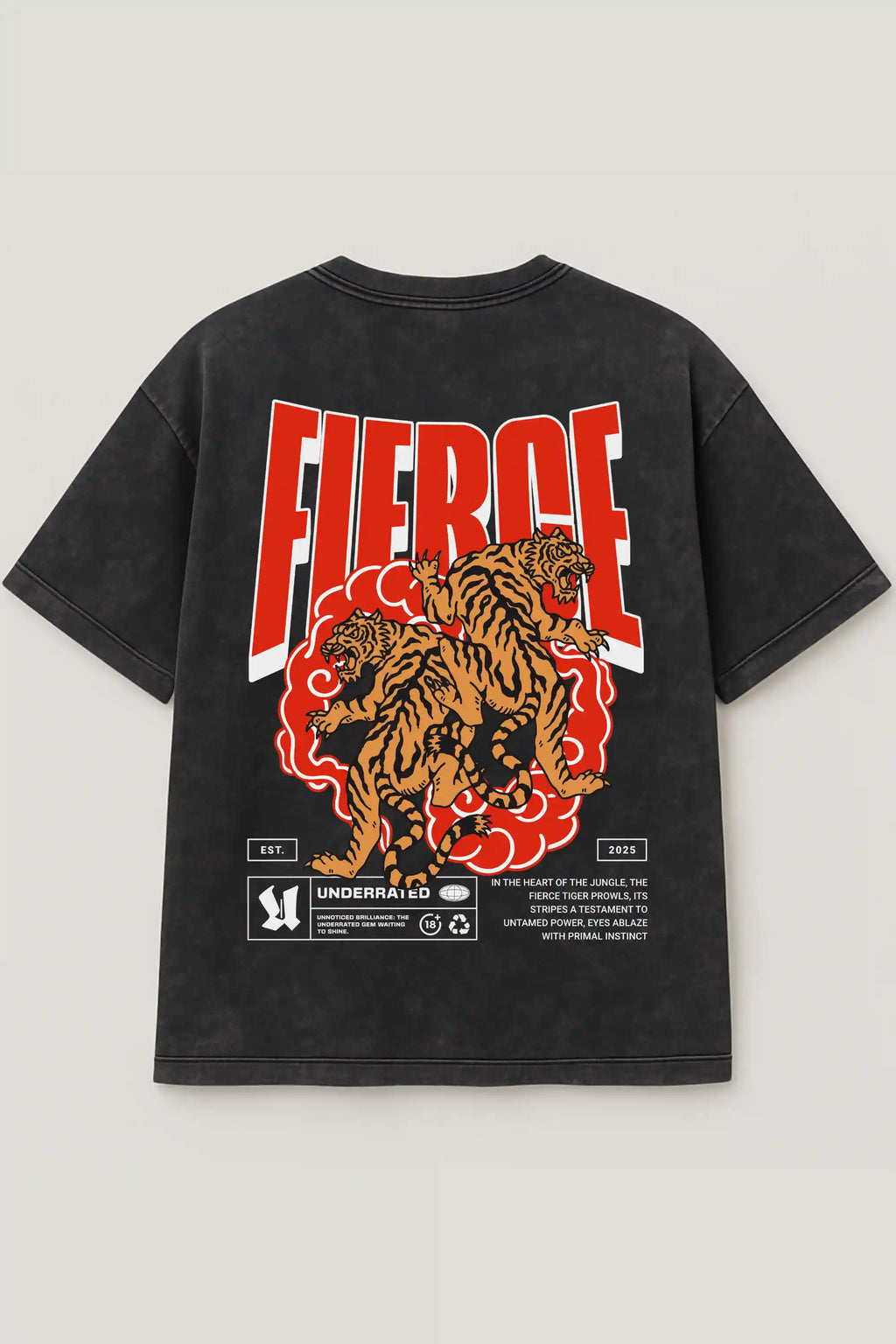 Black acid wash oversized tee with bold FIERCE tiger graphic – Cooleo