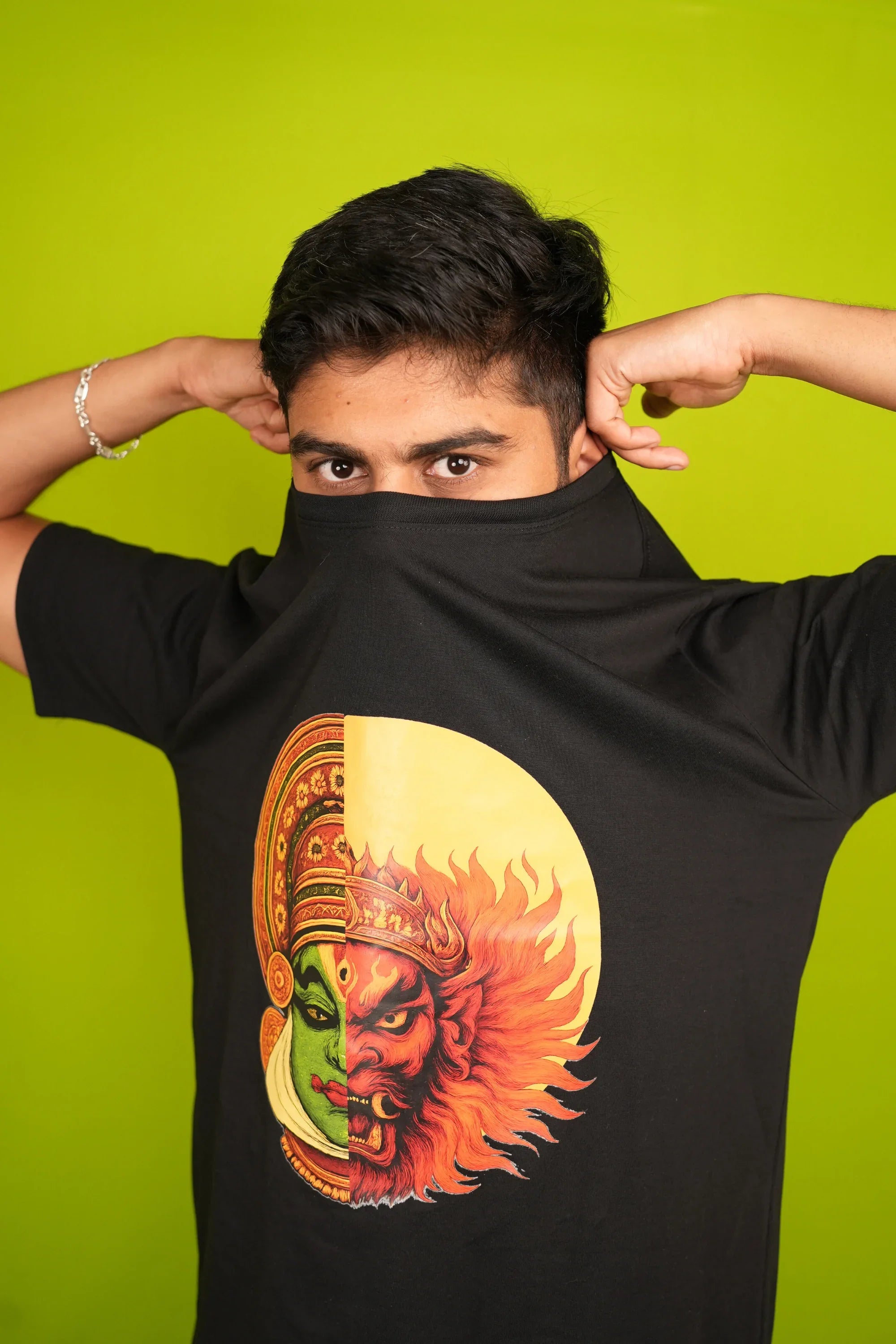 Close-up of Kathakali artwork on Cooleo’s black graphic tee – Kathakali Fusion