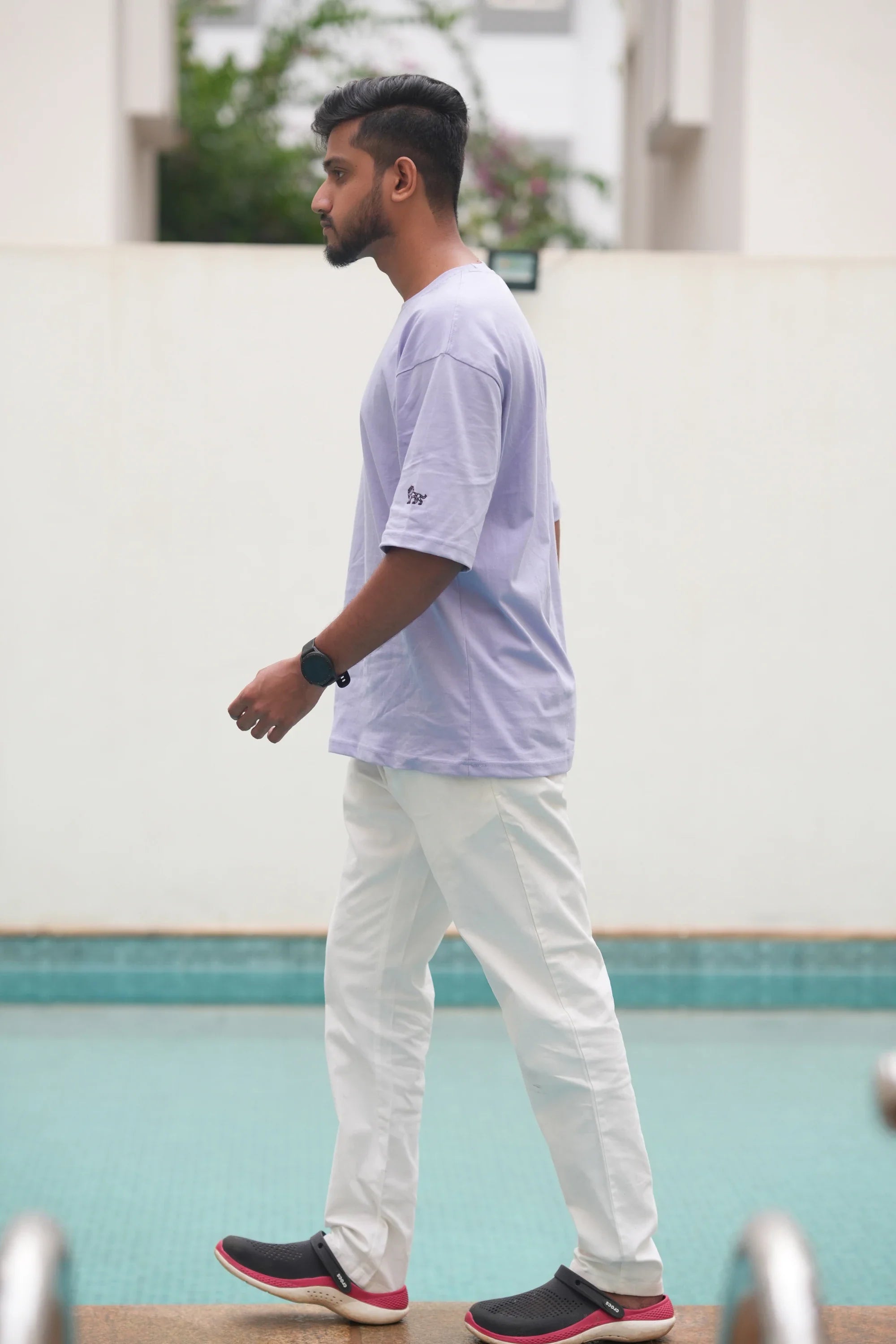 Side view of Moonviolet oversized purple streetwear tee – Cooleo