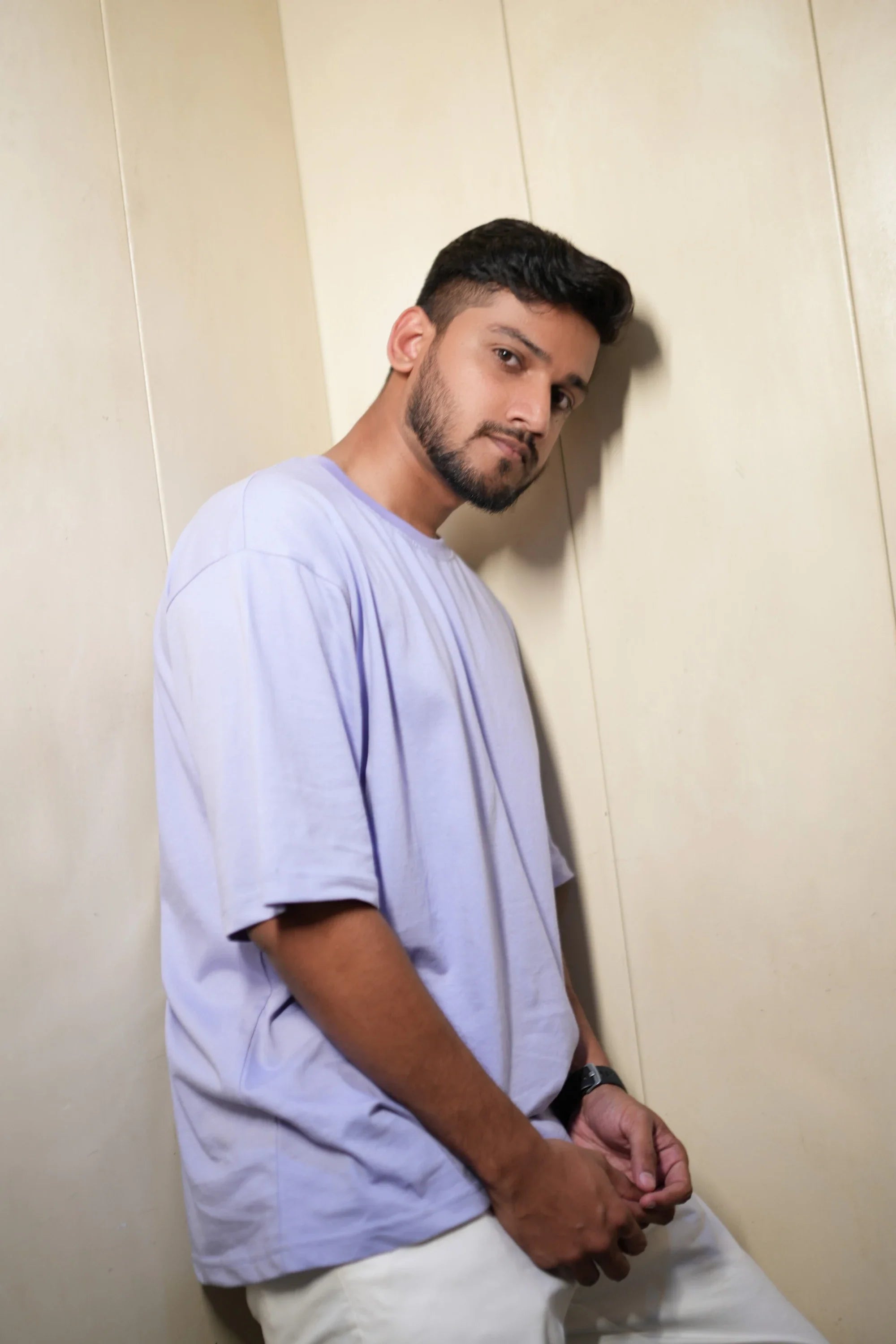 Model wearing Moonviolet purple oversized tee by Cooleo India