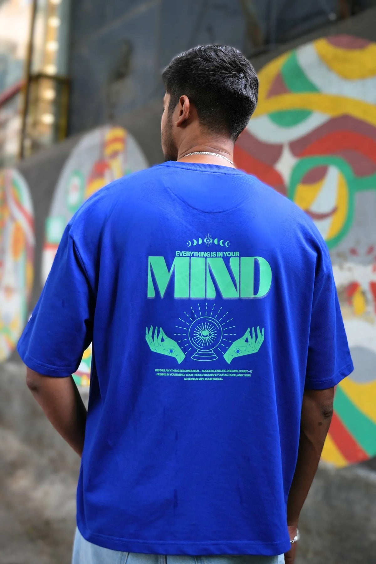 Manifest Royal Drift blue oversized t-shirt back view – Cooleo India