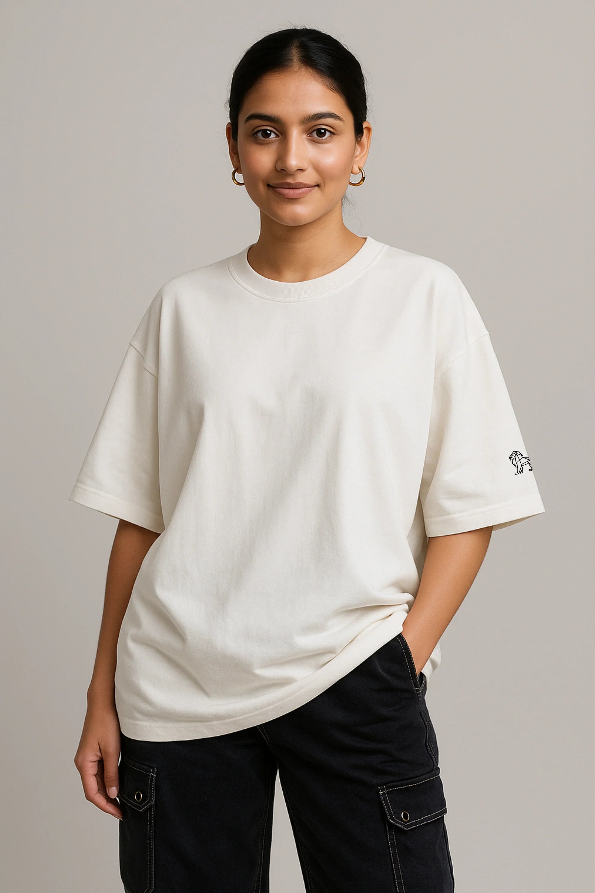 Opal Mist off‑white oversized t-shirt front view – Cooleo India