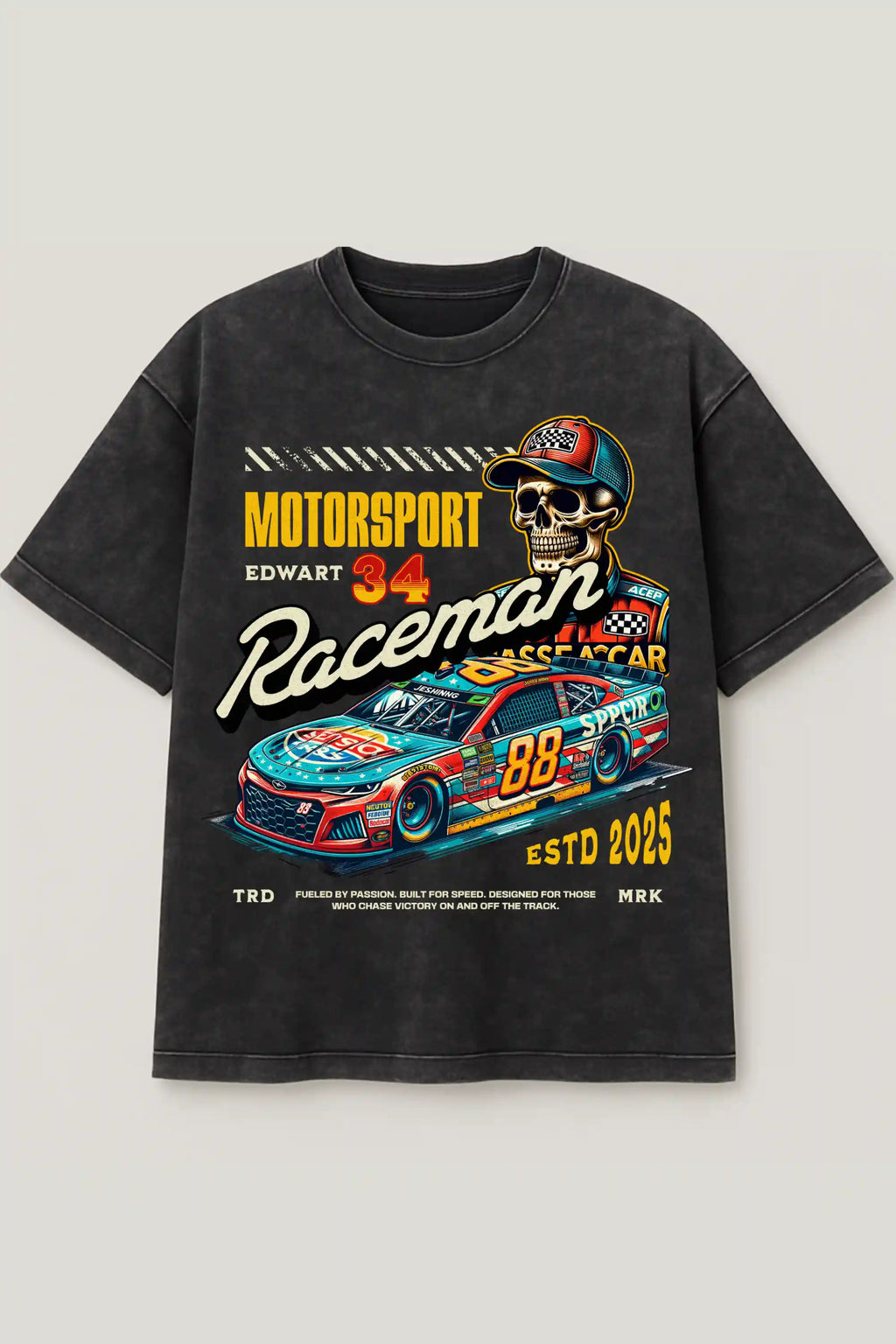 Black acid wash oversized tee with retro racing car and skull graphic – Cooleo