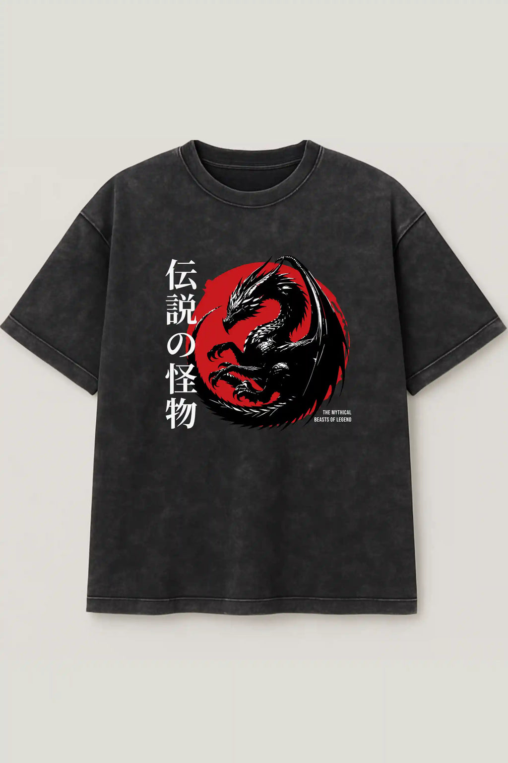 Black acid wash oversized tee with red and black dragon graphic – Cooleo