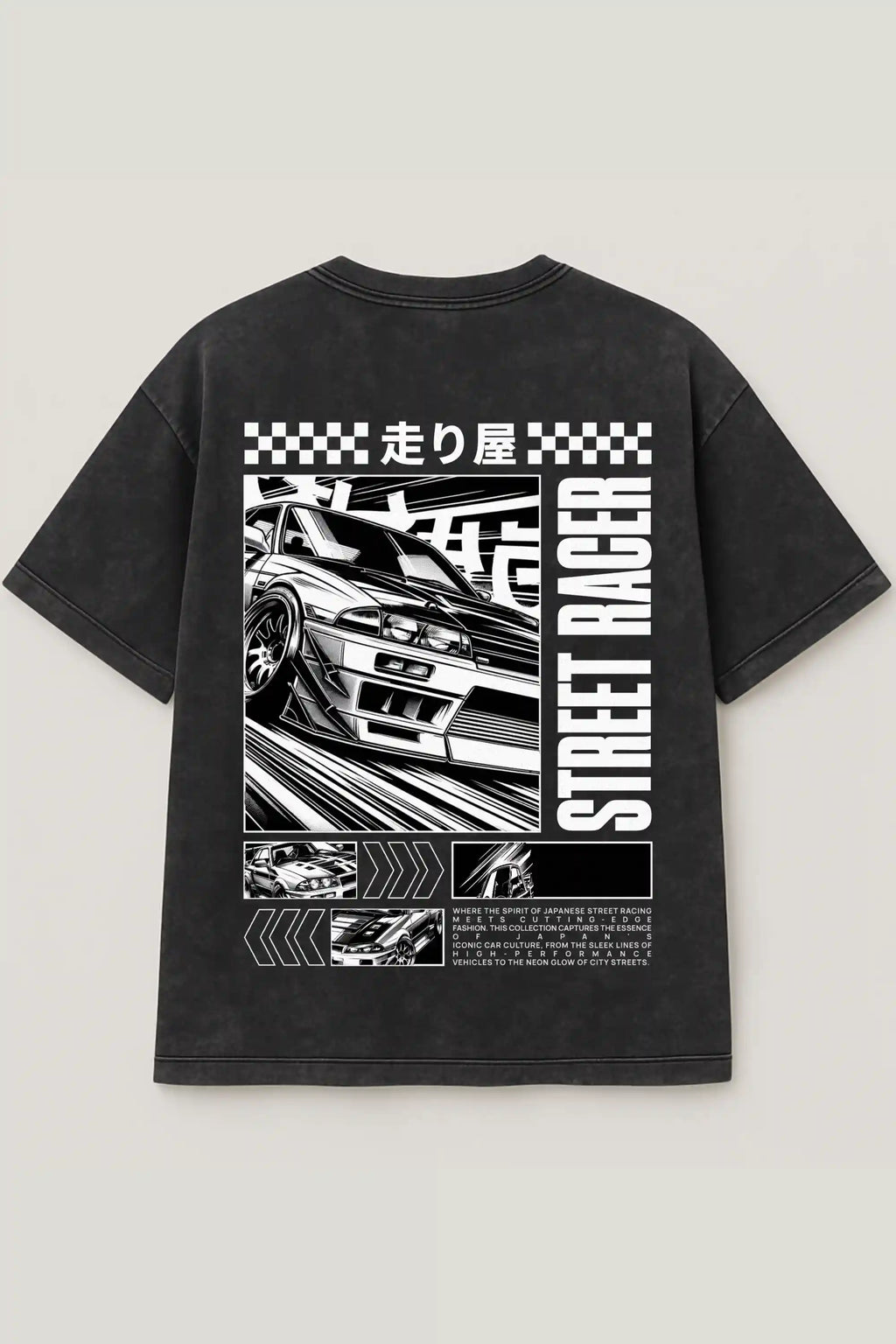 Black acid wash oversized tee with Japanese street racing manga print – Cooleo