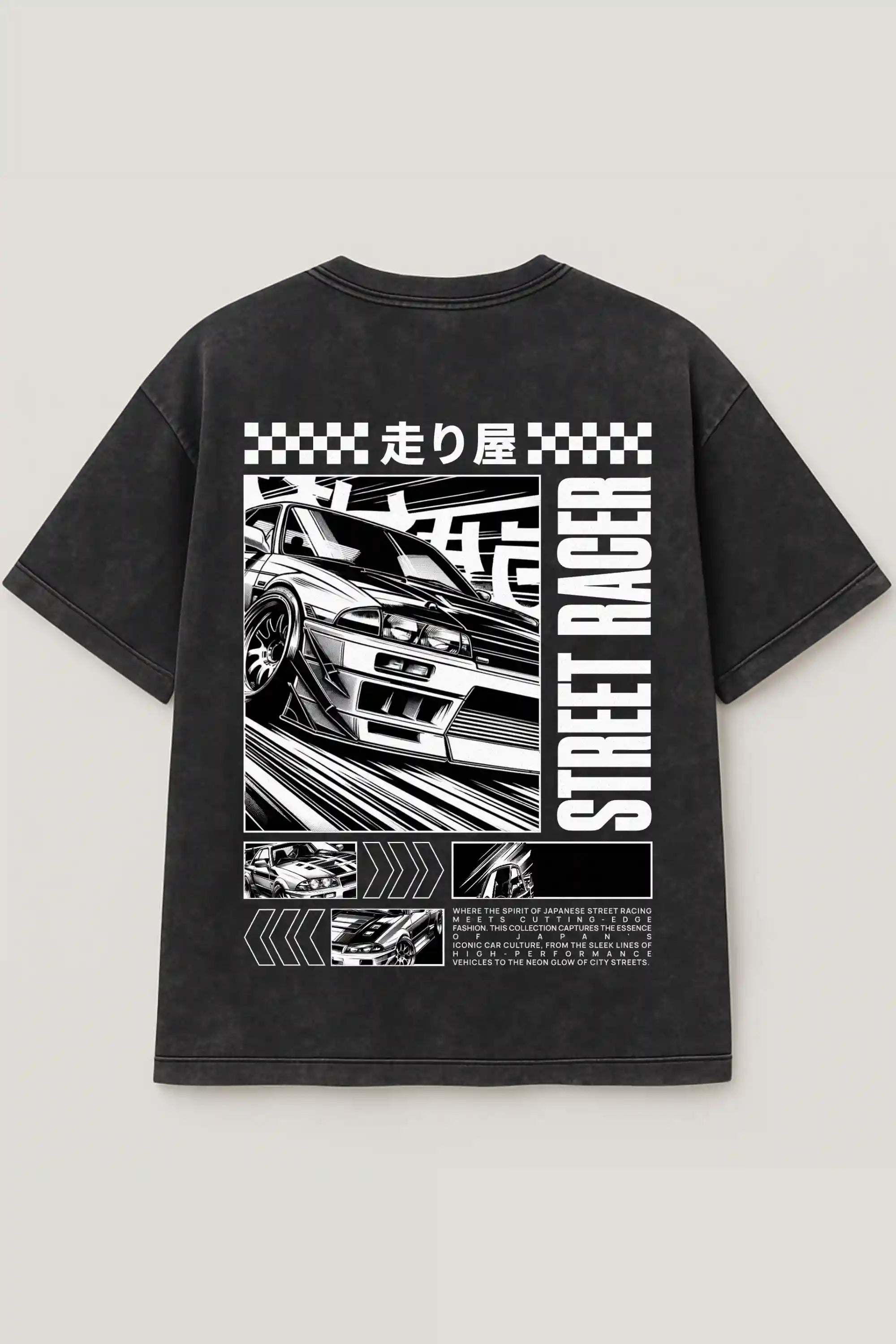 Black acid wash oversized tee with Japanese street racing manga print – Cooleo
