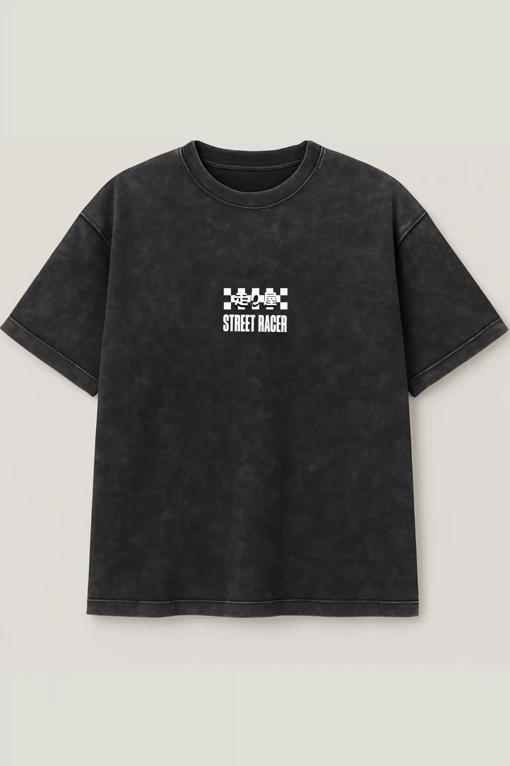 Black acid wash oversized tee with Street Racer chest print – Cooleo