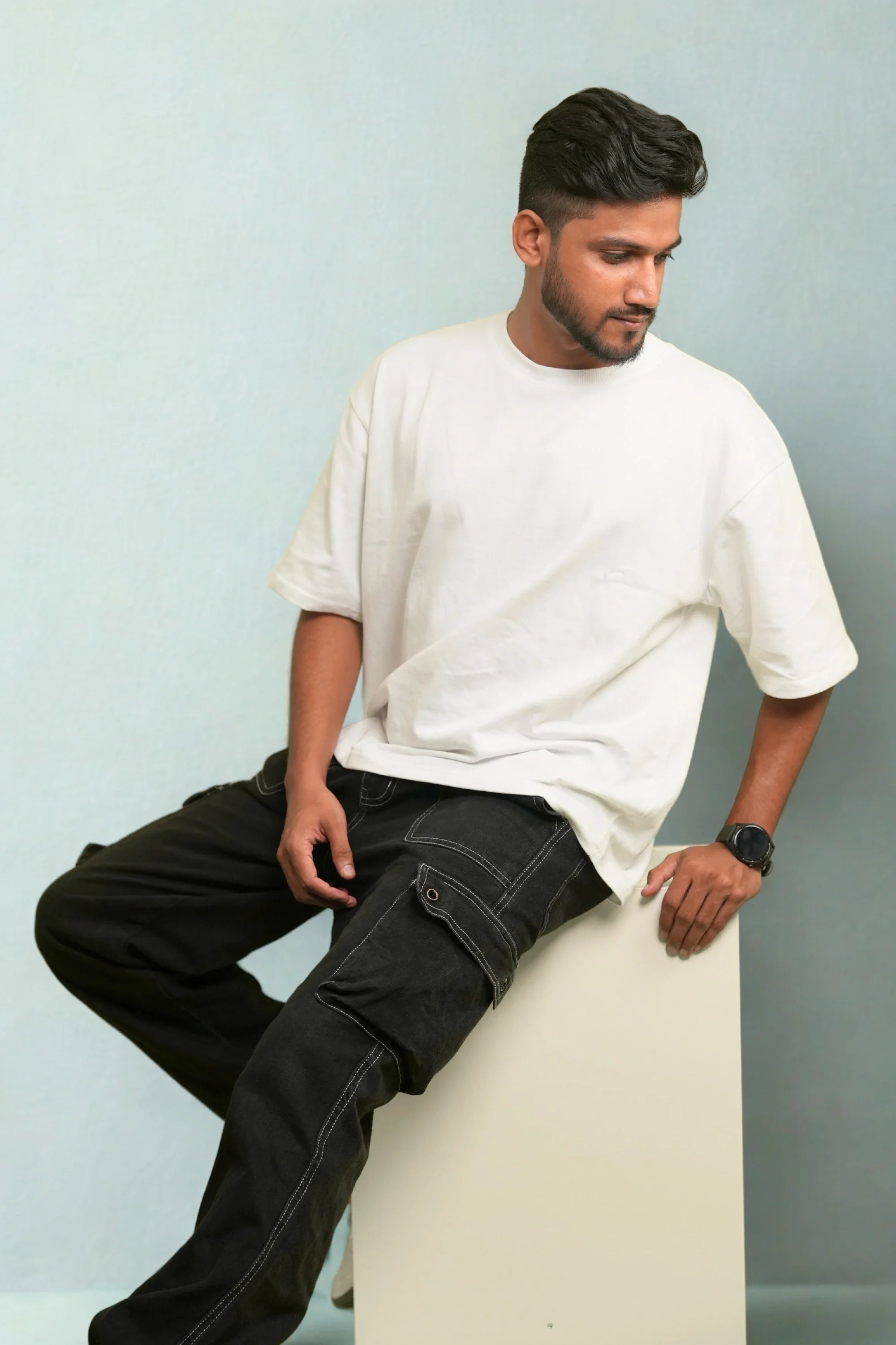 Snowbound Crew luxury white oversized tee front view – Cooleo India