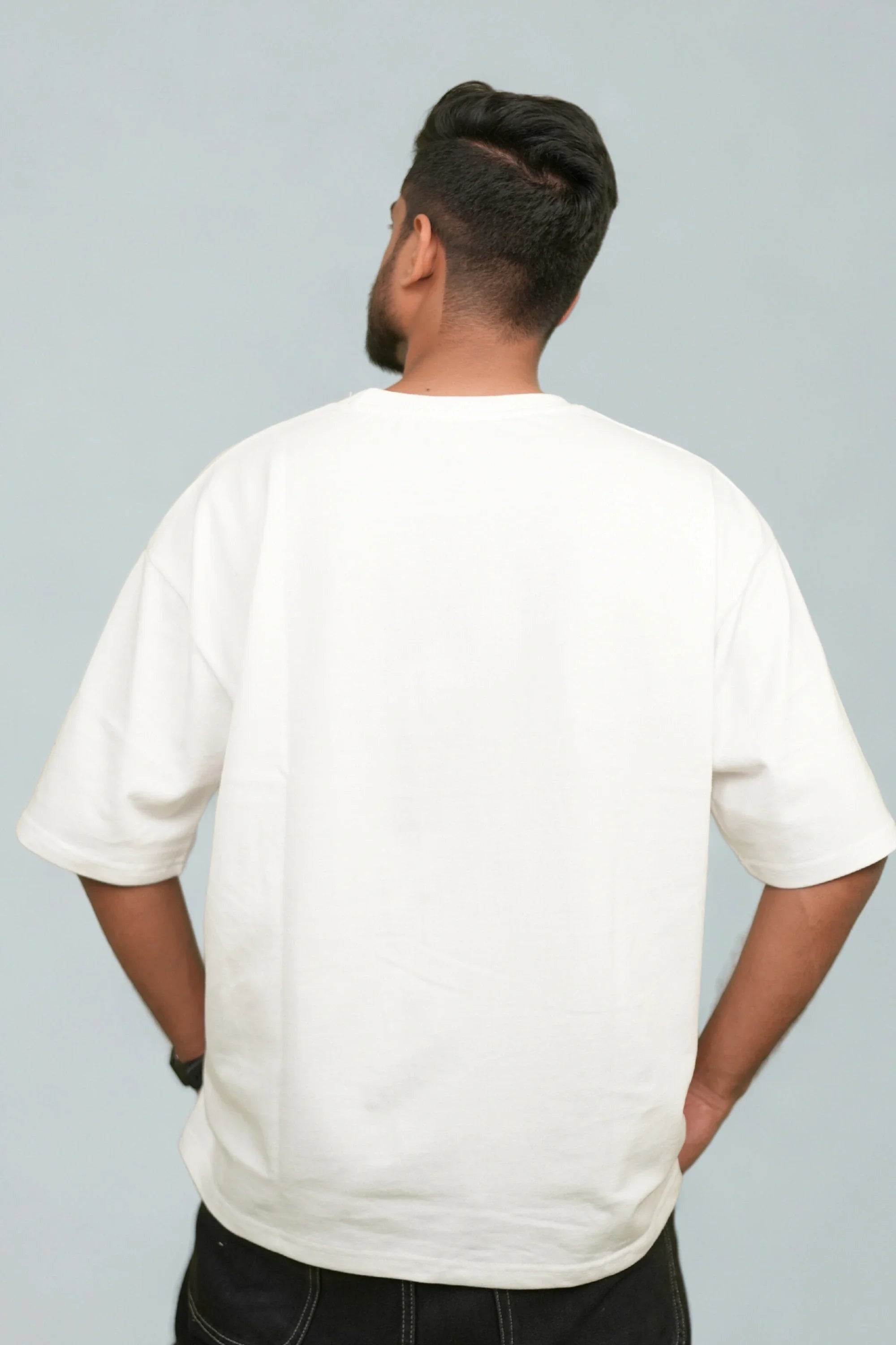 Snowbound Crew luxury white oversized tee back view – Cooleo India