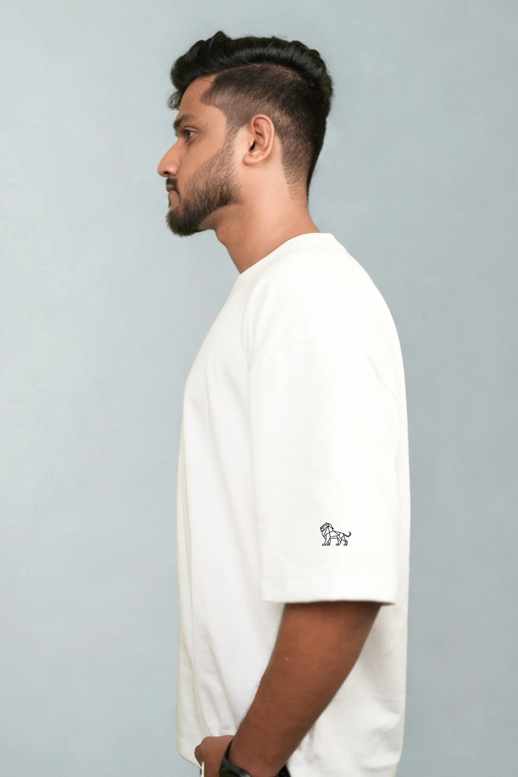 Side view of Snowbound Crew luxury white oversized streetwear tee – Cooleo